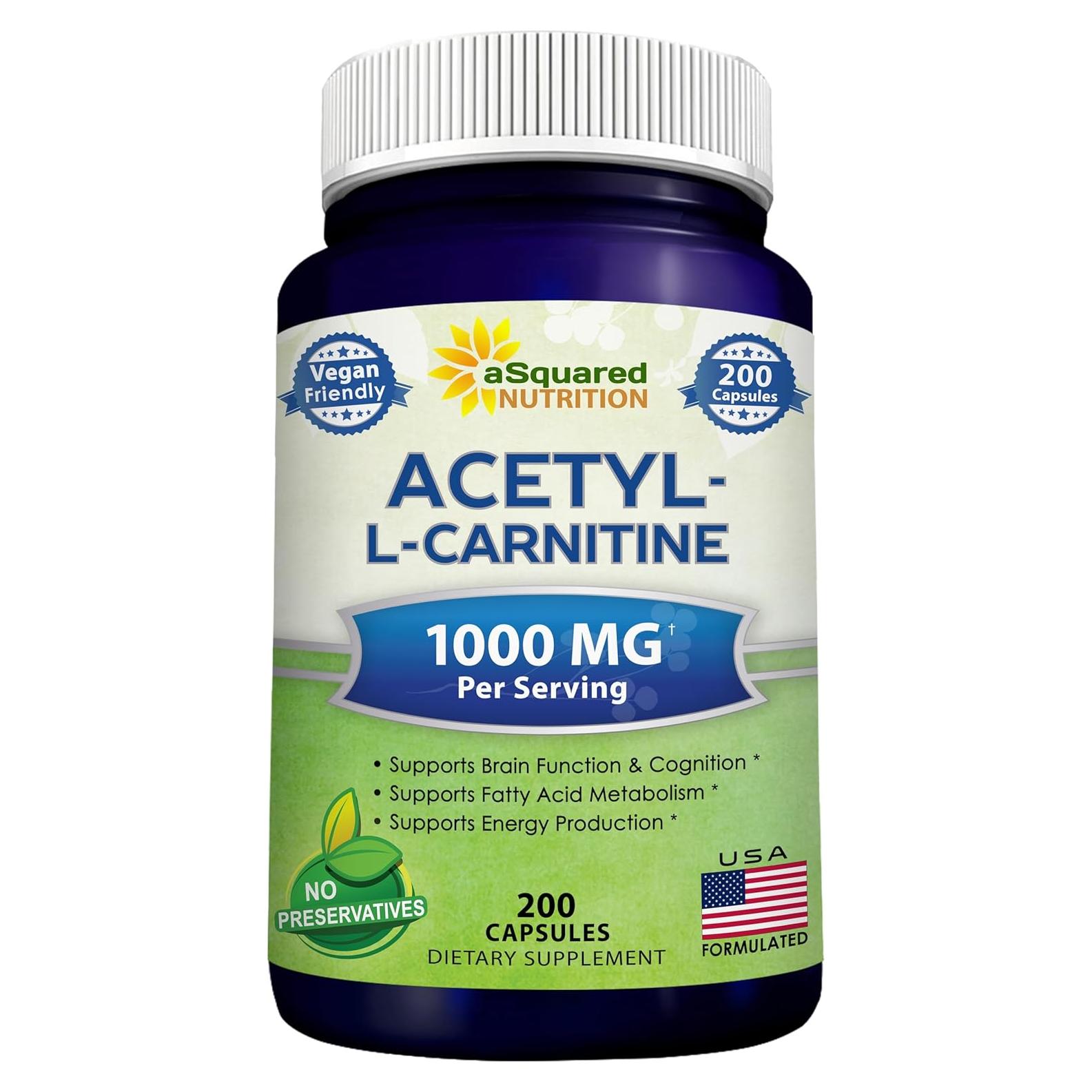 Acetil L-Carnitina 1000mg aSquared Nutrition - 200 Cápsulas Veganas