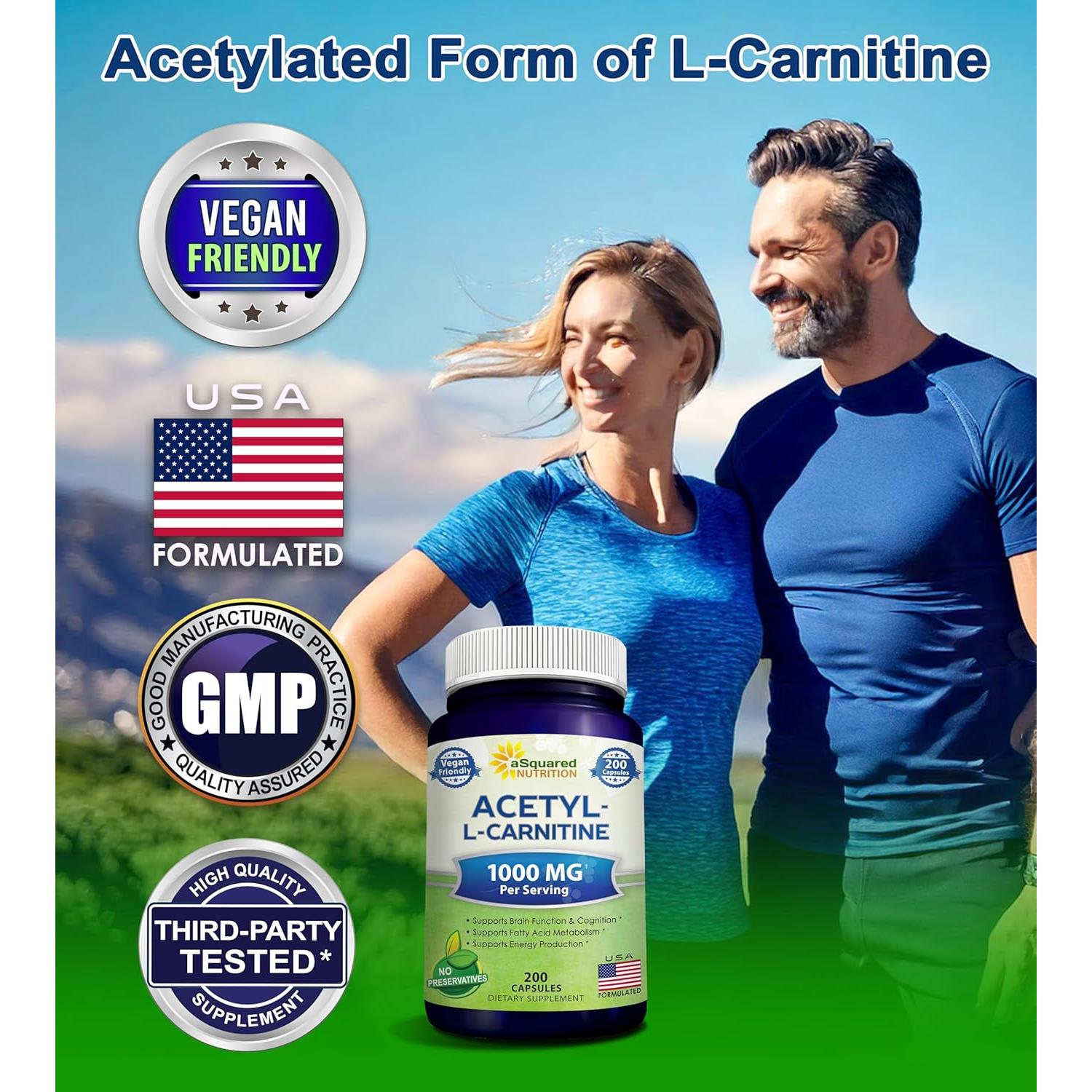 Acetil L-Carnitina 1000mg aSquared Nutrition - 200 Cápsulas Veganas
