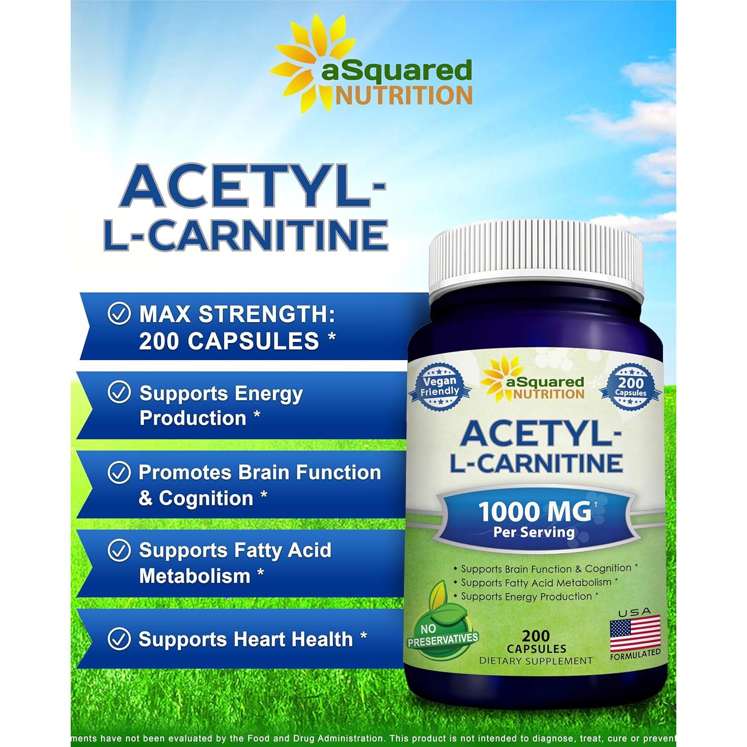 Acetil L-Carnitina 1000mg aSquared Nutrition - 200 Cápsulas Veganas