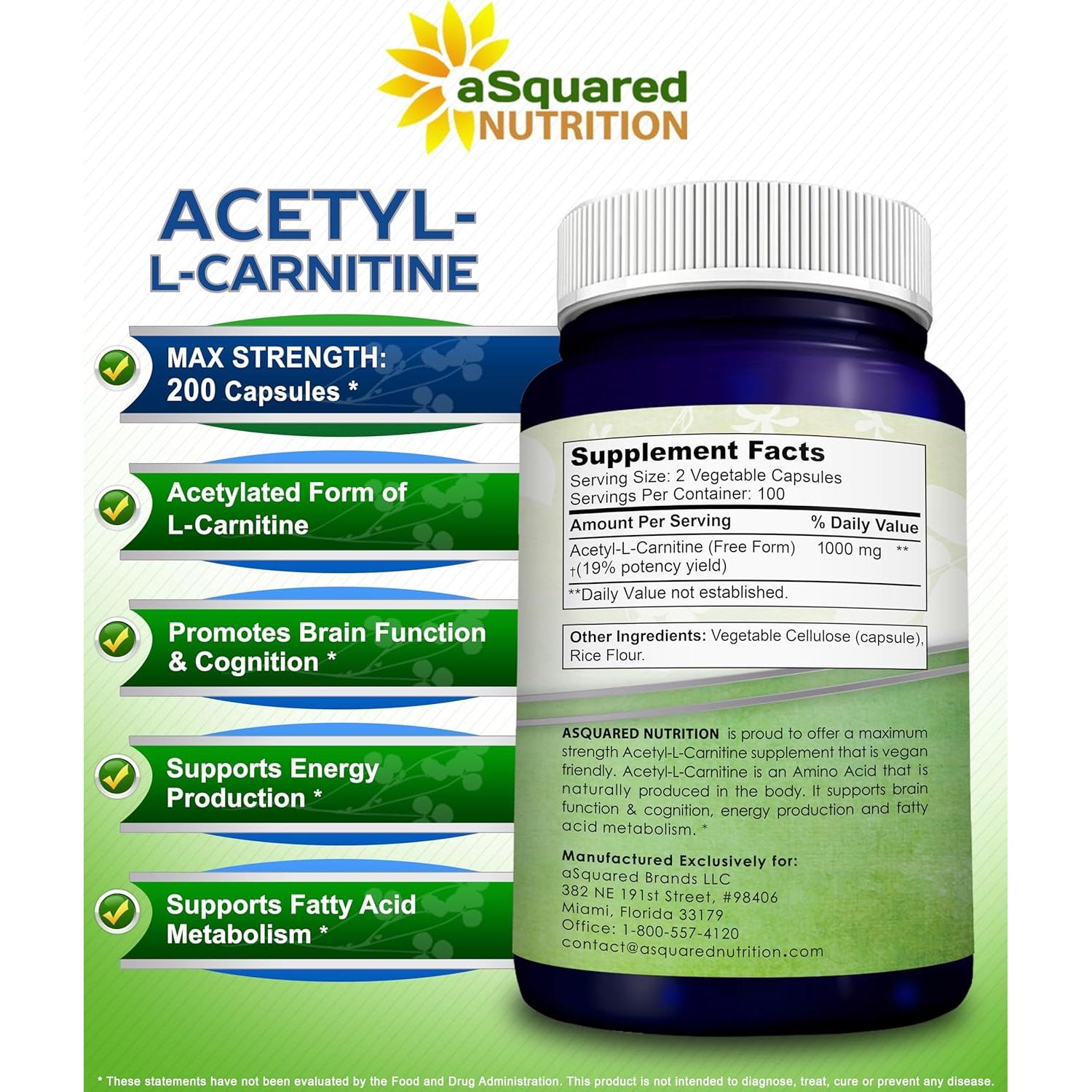 Acetil L-Carnitina 1000mg aSquared Nutrition - 200 Cápsulas Veganas