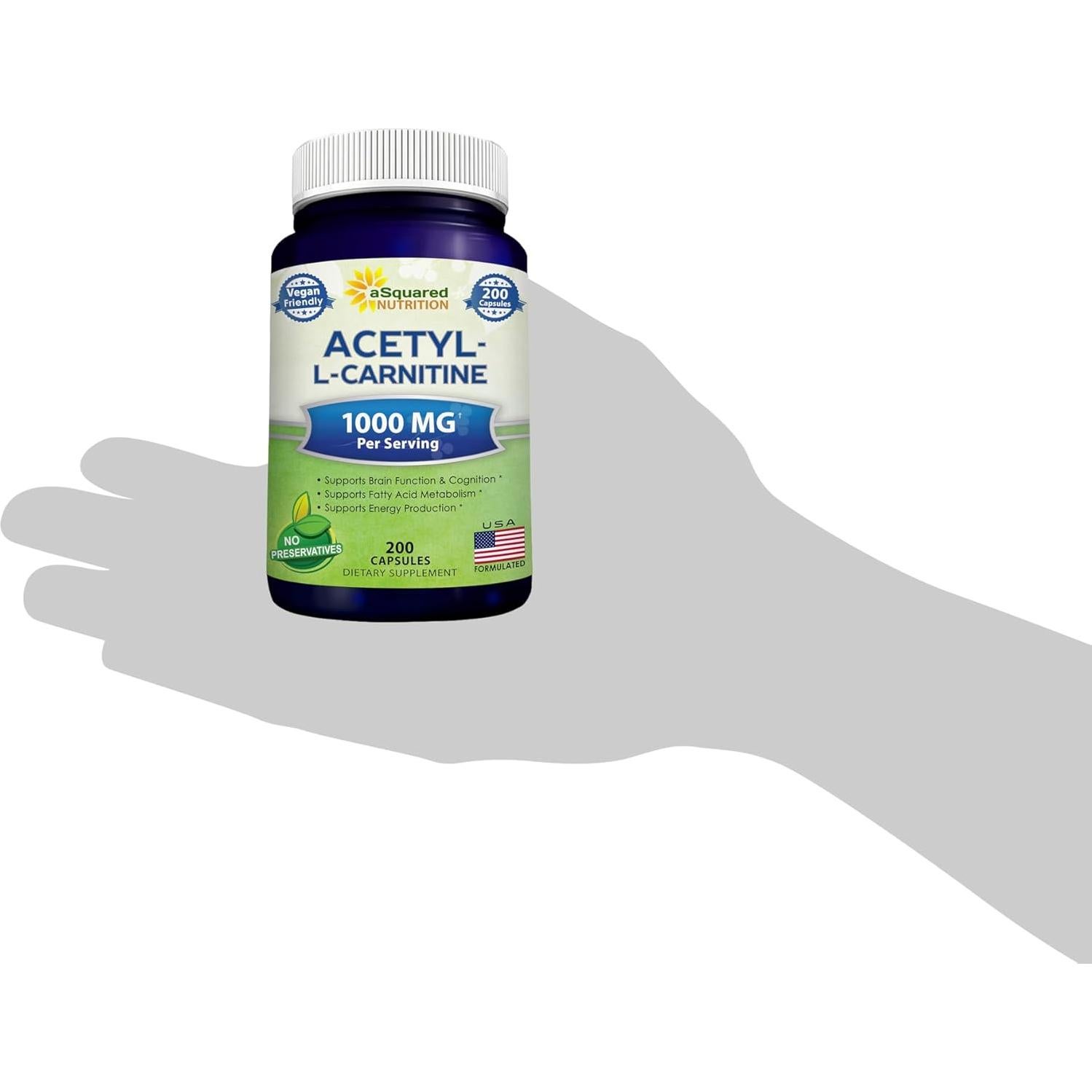 Acetil L-Carnitina 1000mg aSquared Nutrition - 200 Cápsulas Veganas
