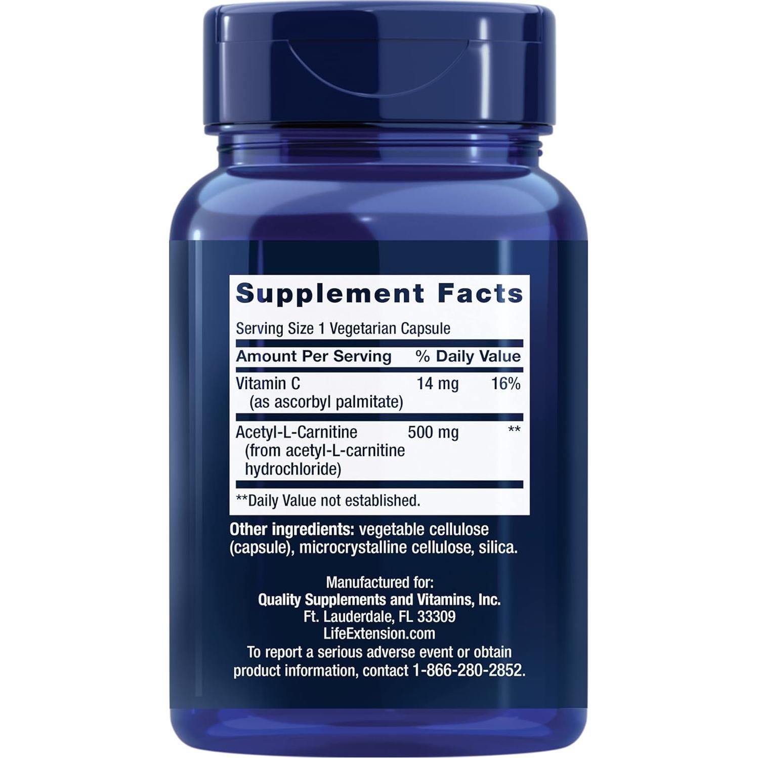 Suplemento Acetil-L-Carnitina Life Extension 100 Cápsulas