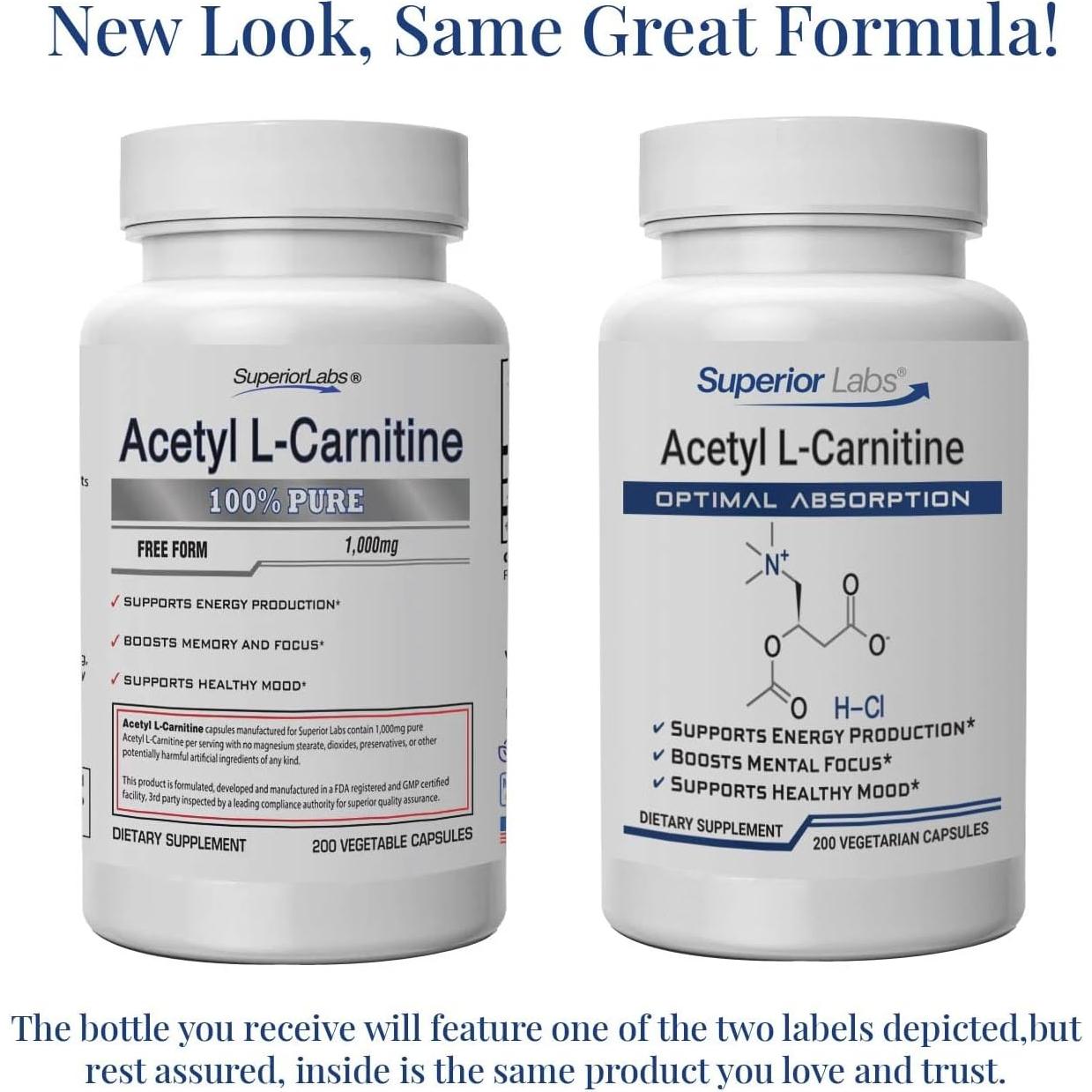 Acetil L-Carnitina 500 mg Superior Labs - 200 Cápsulas Veganas