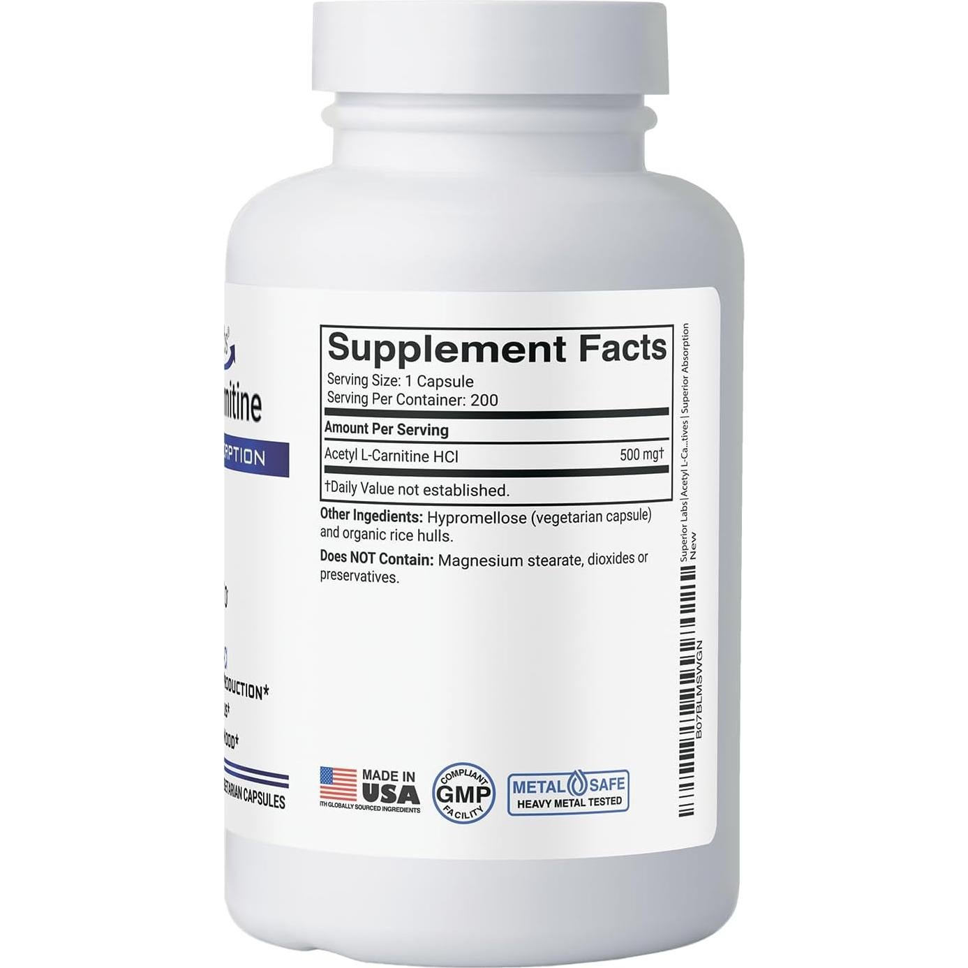 Acetil L-Carnitina 500 mg Superior Labs - 200 Cápsulas Veganas