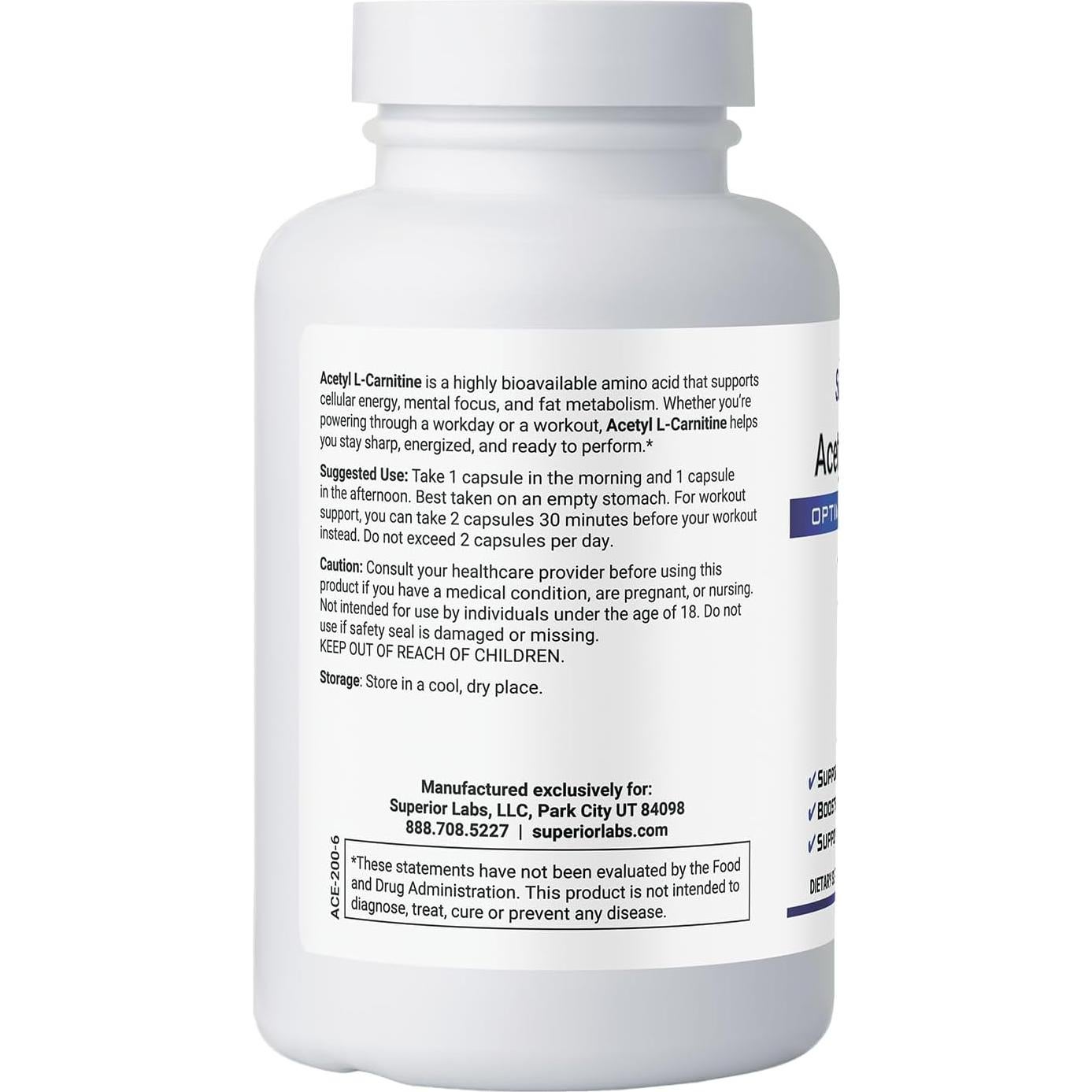 Acetil L-Carnitina 500 mg Superior Labs - 200 Cápsulas Veganas