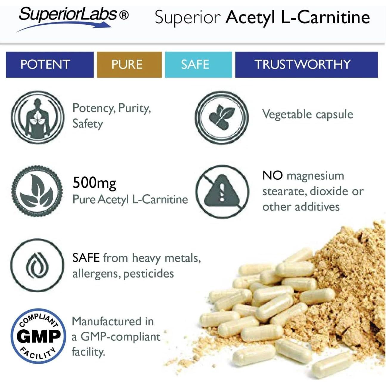 Acetil L-Carnitina 500 mg Superior Labs - 200 Cápsulas Veganas