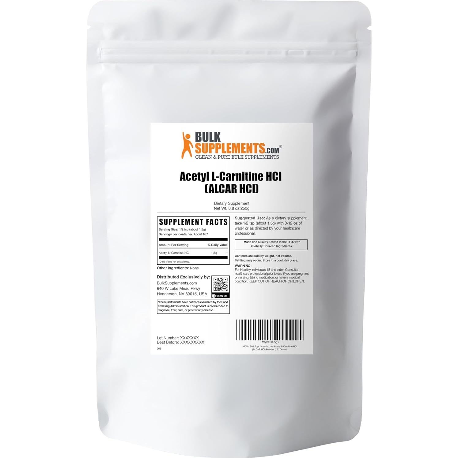 Polvo de Acetil L-Carnitina BulkSupplements 250g - Suplemento Sin Gluten