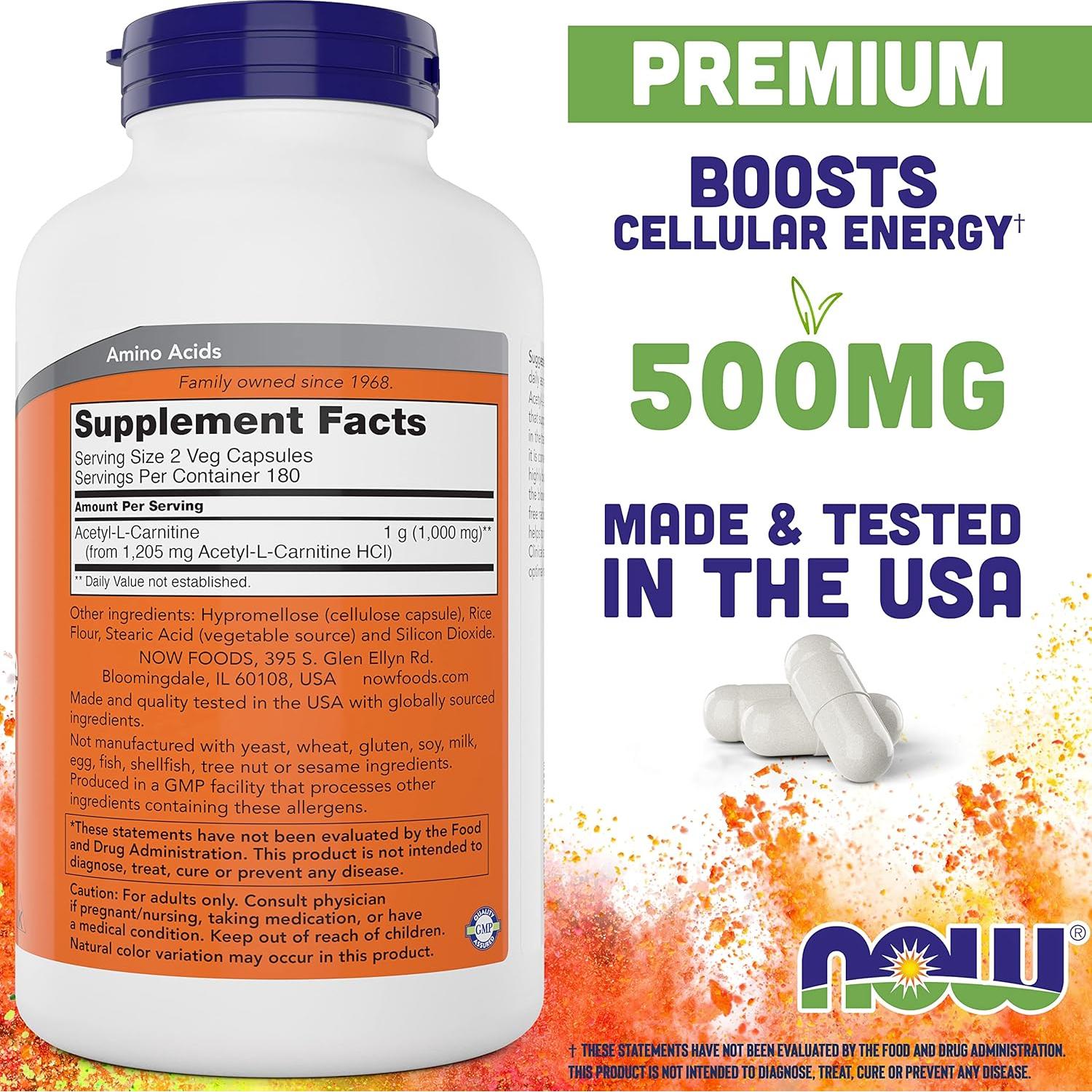 Acetil L-Carnitina 500mg NOW Foods 360 Cápsulas Veganas