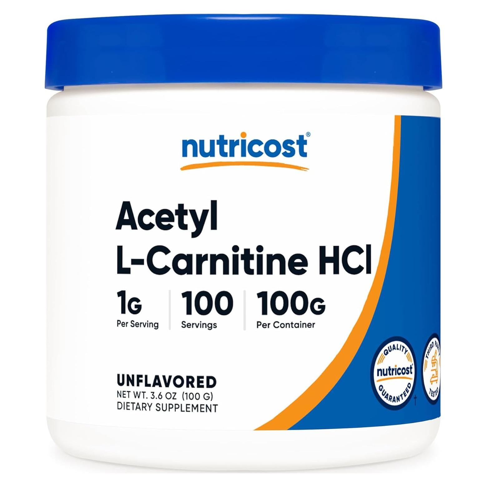 Acetil L-Carnitina Nutricost 100g - 1g por Porción, Sin Gluten