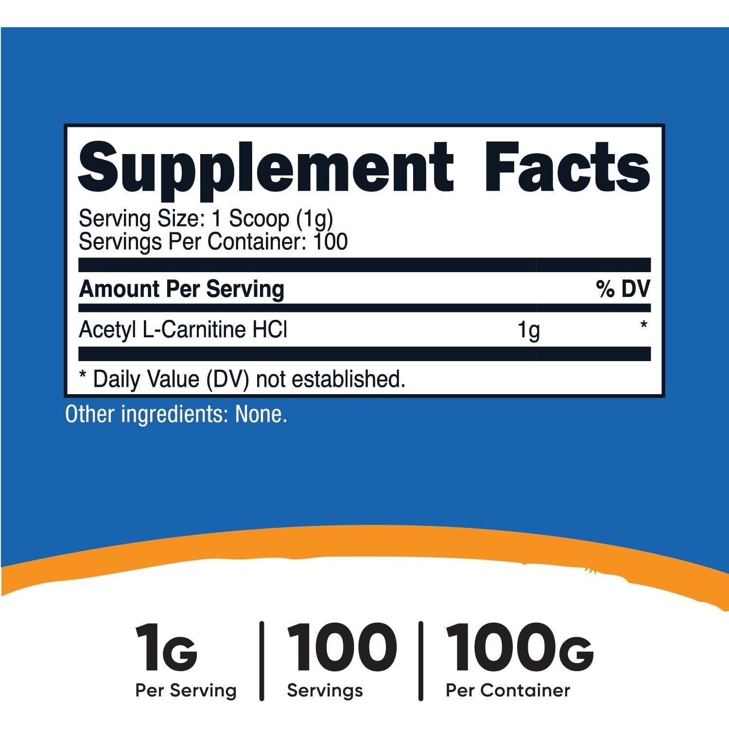 Acetil L-Carnitina Nutricost 100g - 1g por Porción, Sin Gluten