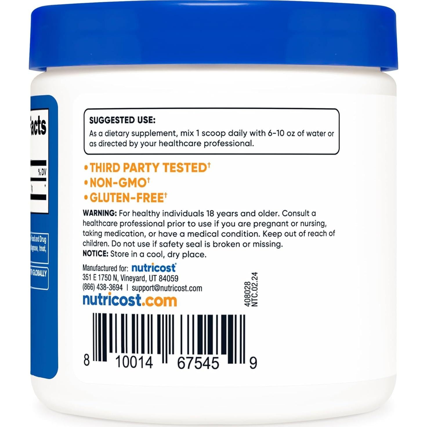 Acetil L-Carnitina Nutricost 100g - 1g por Porción, Sin Gluten