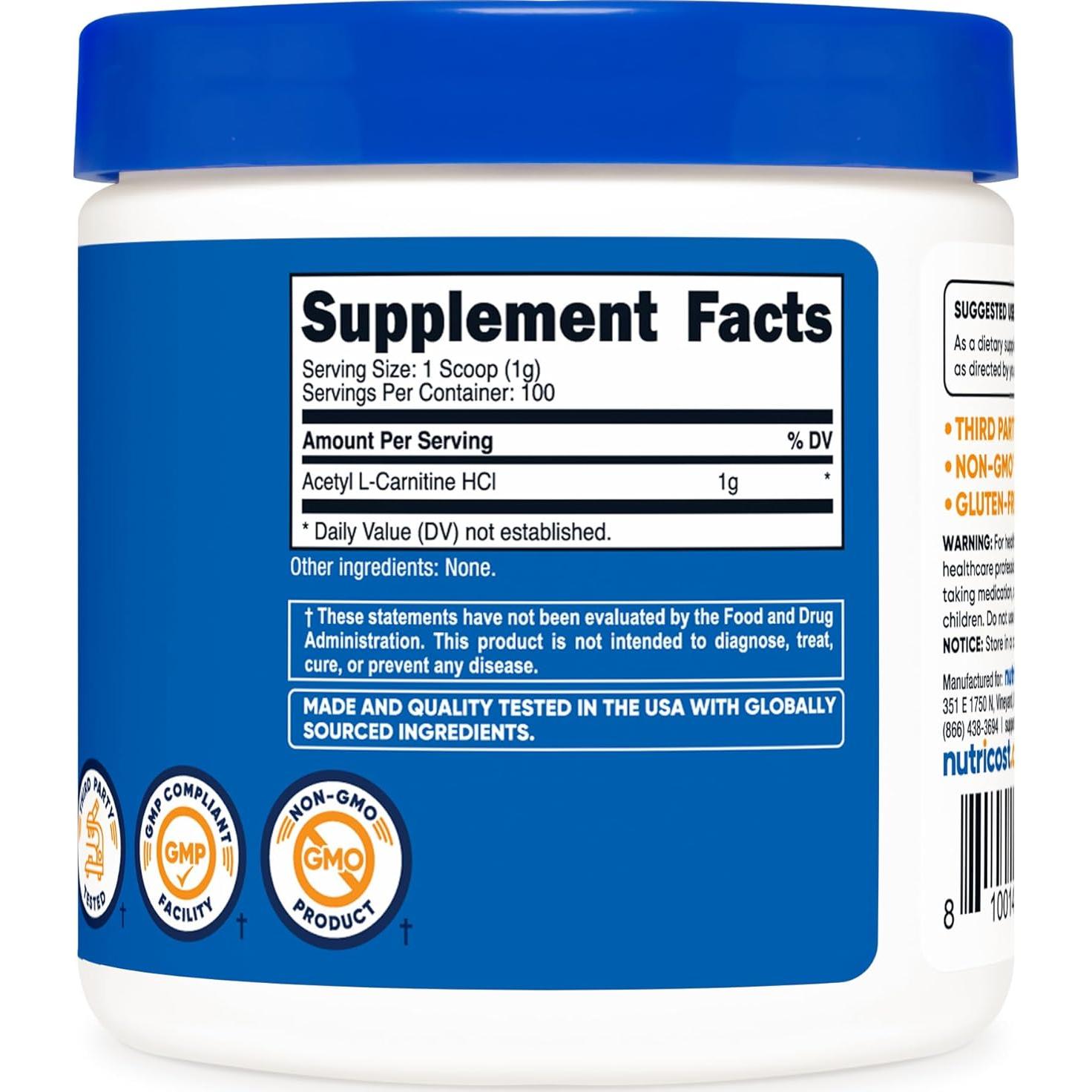 Acetil L-Carnitina Nutricost 100g - 1g por Porción, Sin Gluten
