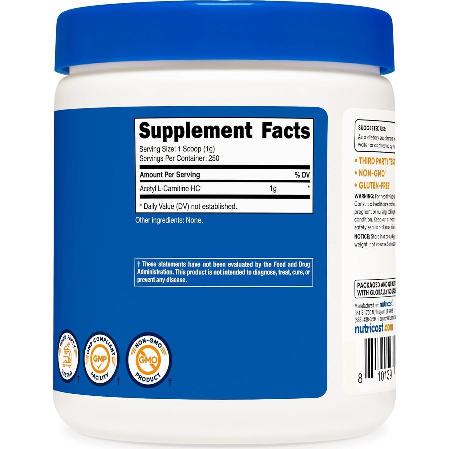 Acetil L-Carnitina Nutricost 250g - 1000mg por Porción