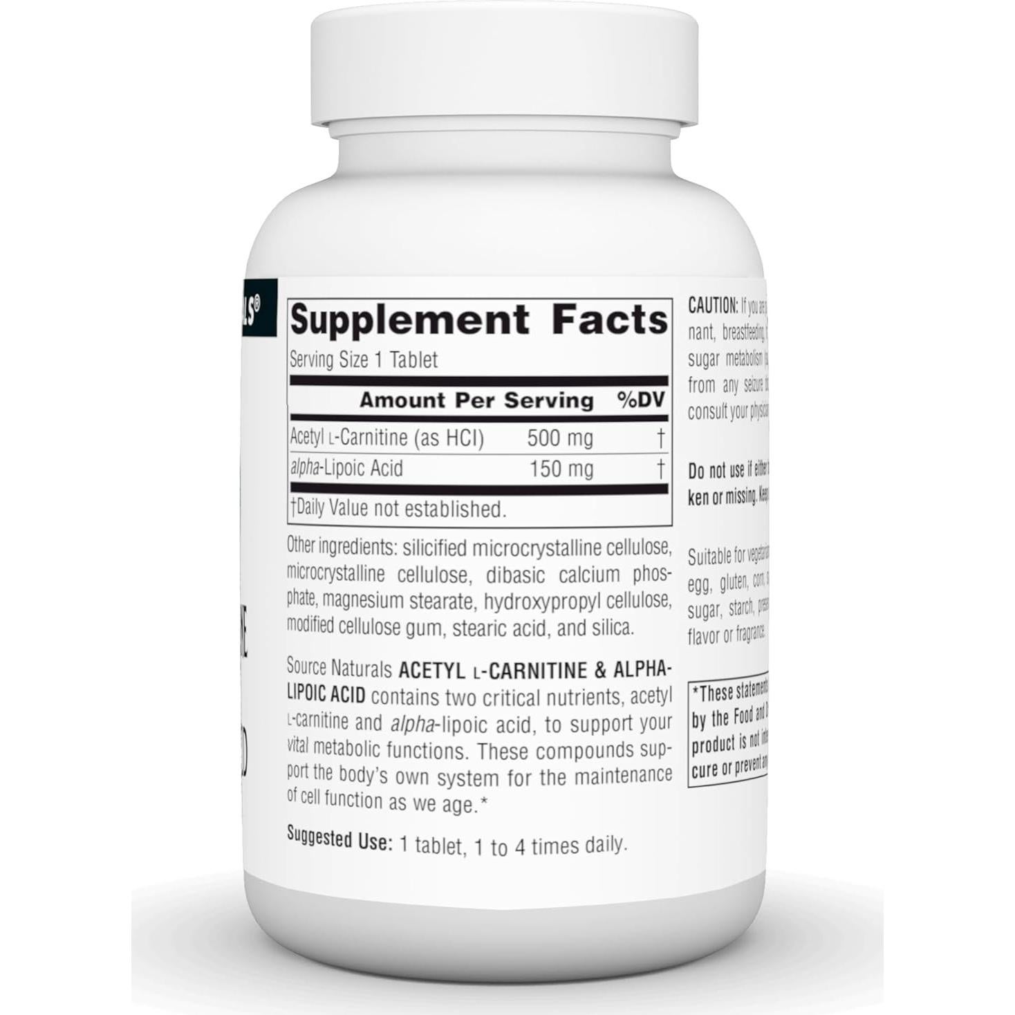 Source Naturals Acetil L-Carnitina 650mg y Ácido Alfa-Lipoico 60 Tabletas