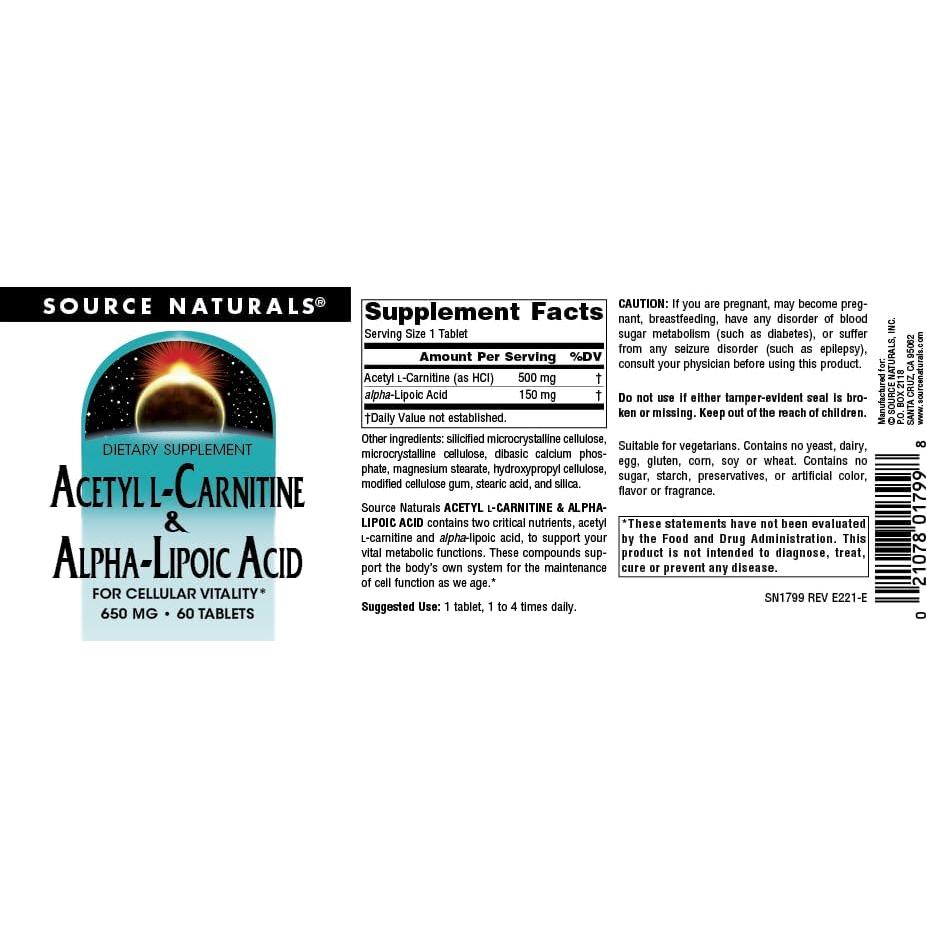 Source Naturals Acetil L-Carnitina 650mg y Ácido Alfa-Lipoico 60 Tabletas