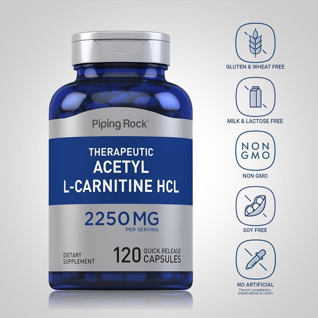 Acetil L-Carnitina HCL Piping Rock 2250mg 120 Cápsulas Suplemento