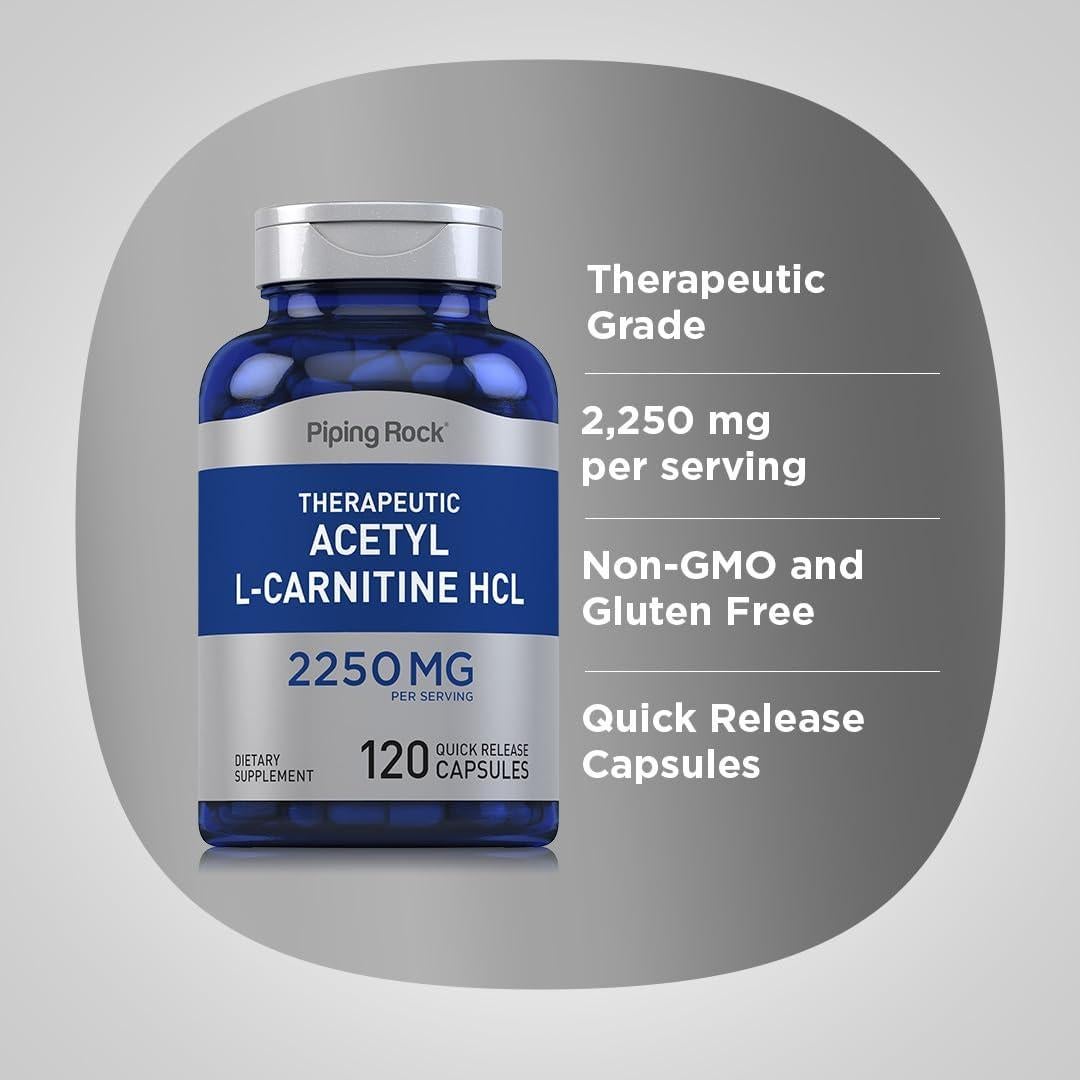 Acetil L-Carnitina HCL Piping Rock 2250mg 120 Cápsulas Suplemento