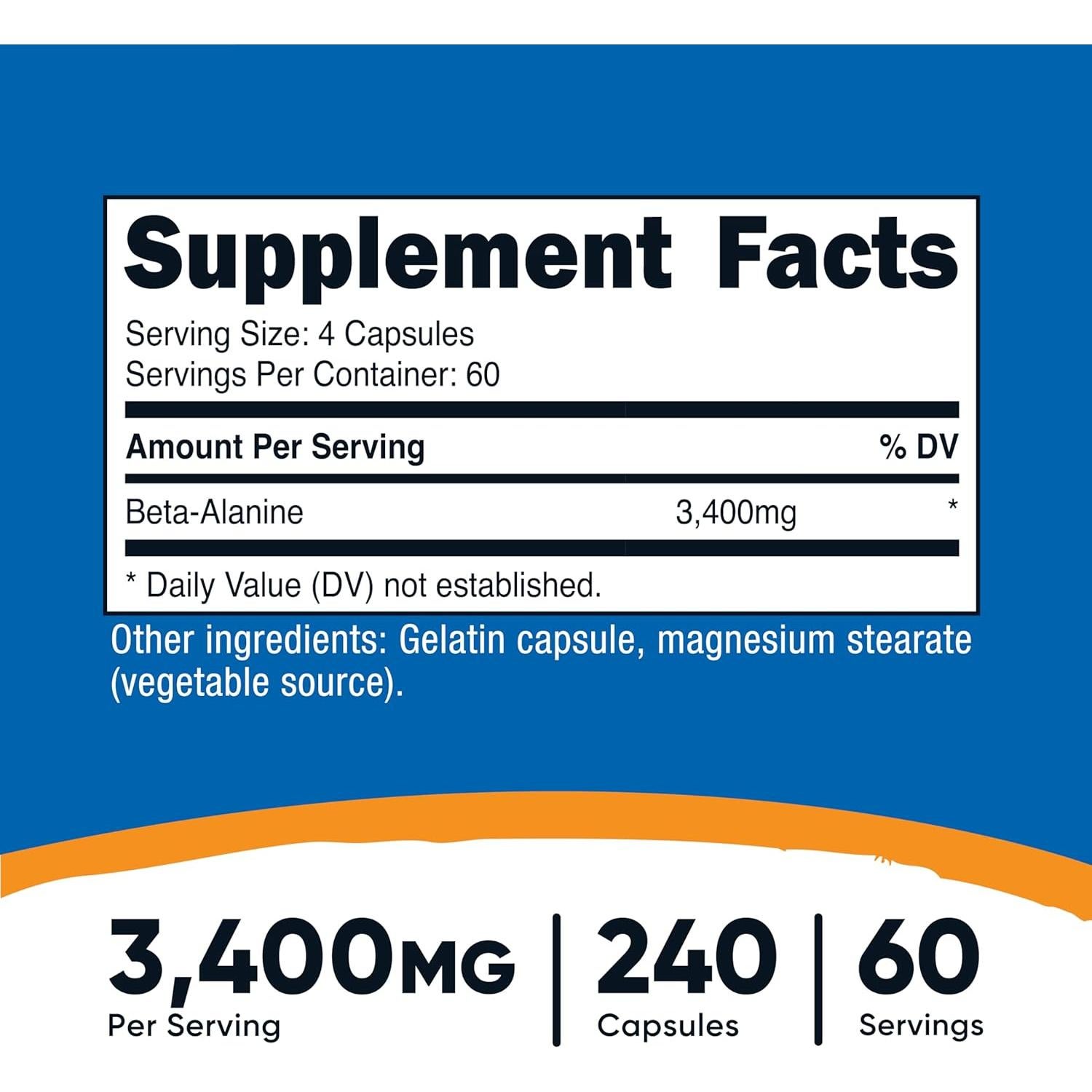 Cápsulas de Beta-Alanina Nutricost 240 Cápsulas 3400mg