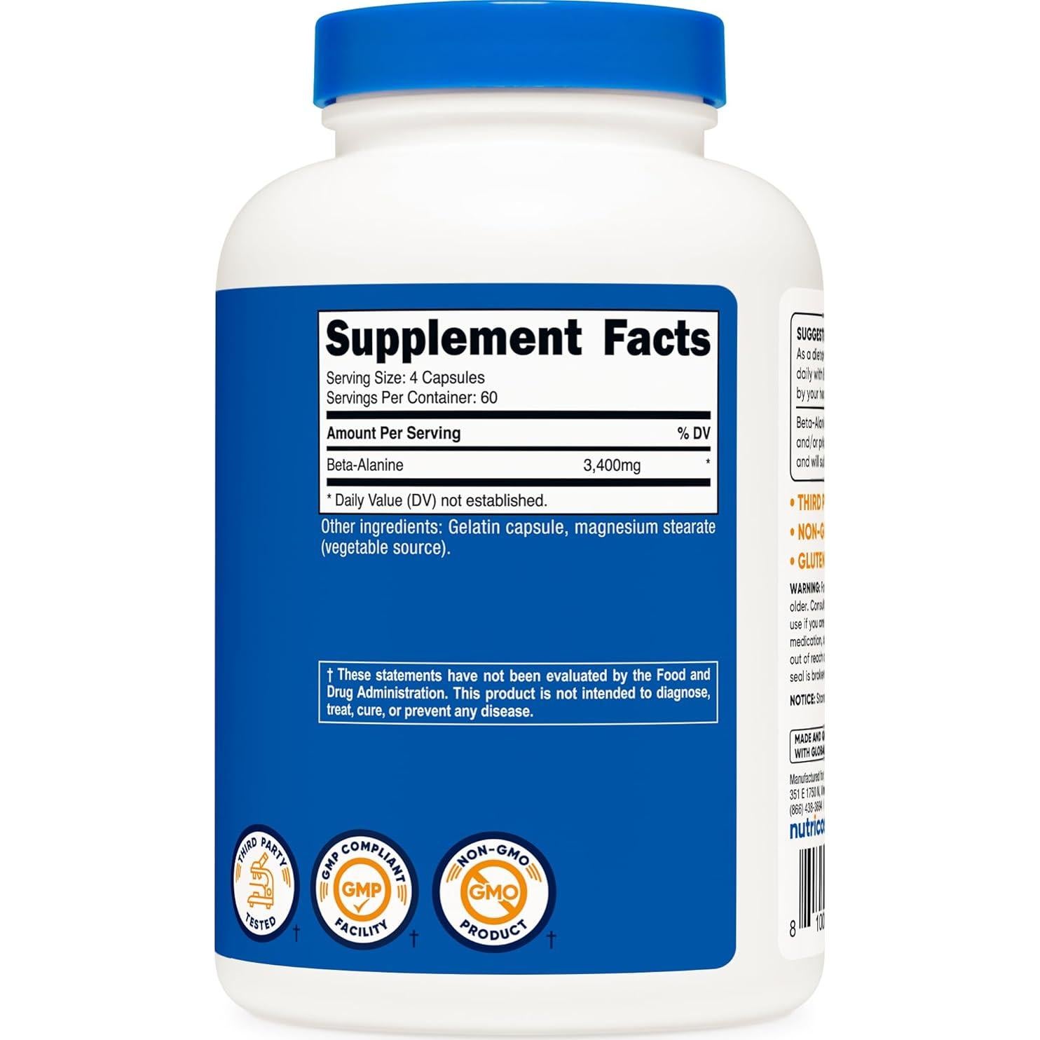 Cápsulas de Beta-Alanina Nutricost 240 Cápsulas 3400mg