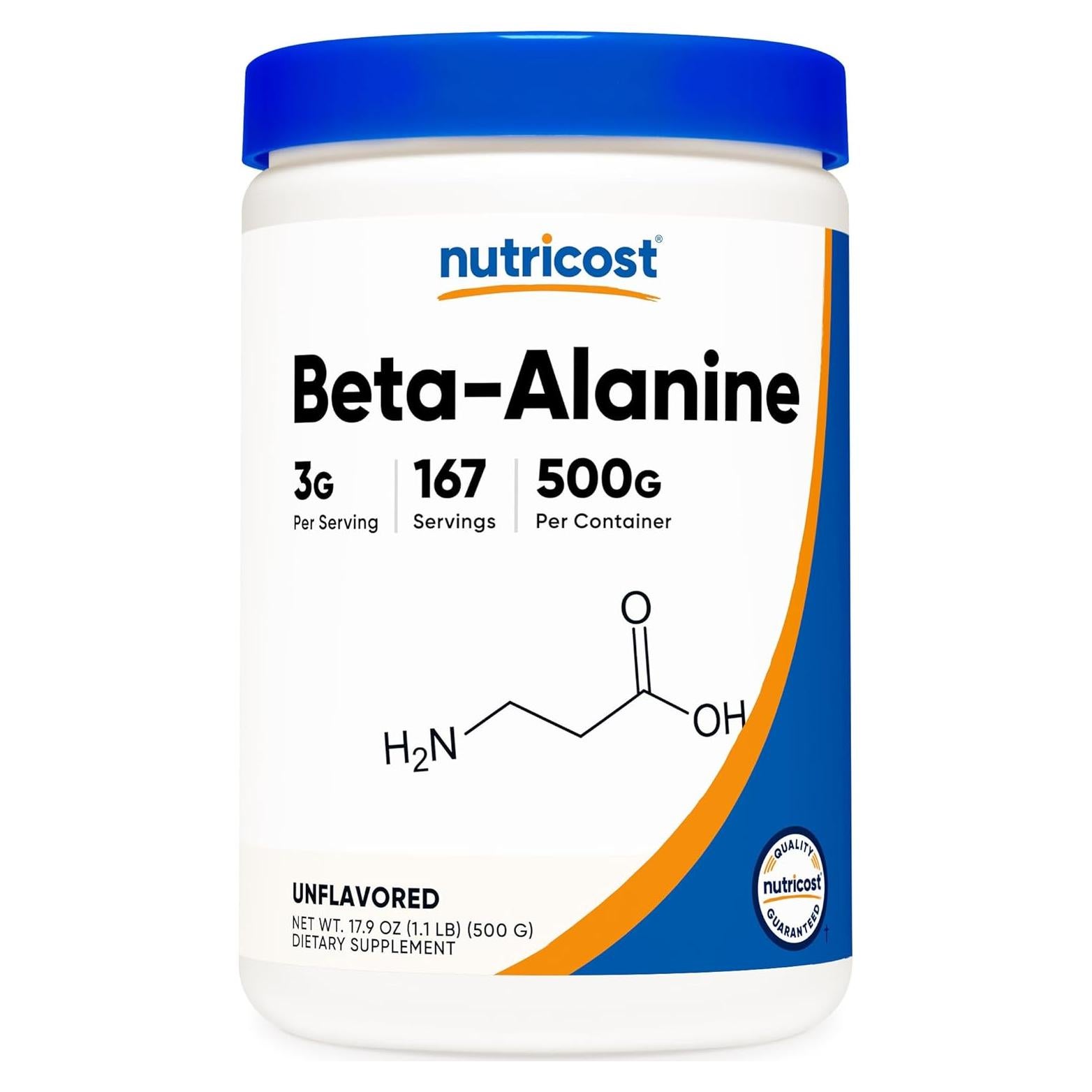 Polvo de Beta Alanina Nutricost 500g - Pura, Sin Gluten, No OGM
