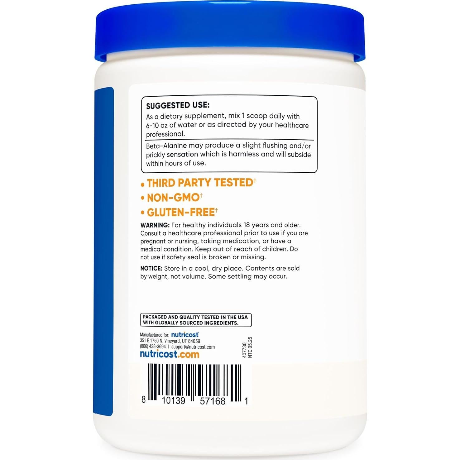 Polvo de Beta Alanina Nutricost 500g - Pura, Sin Gluten, No OGM