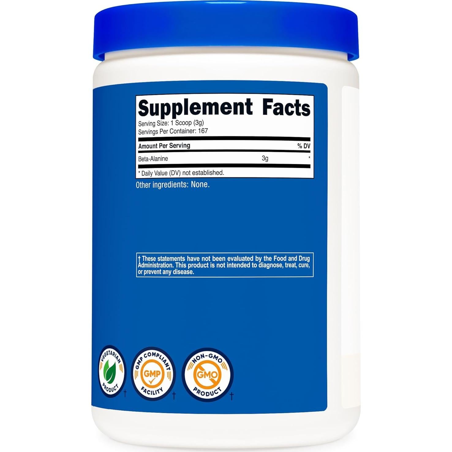 Polvo de Beta Alanina Nutricost 500g - Pura, Sin Gluten, No OGM