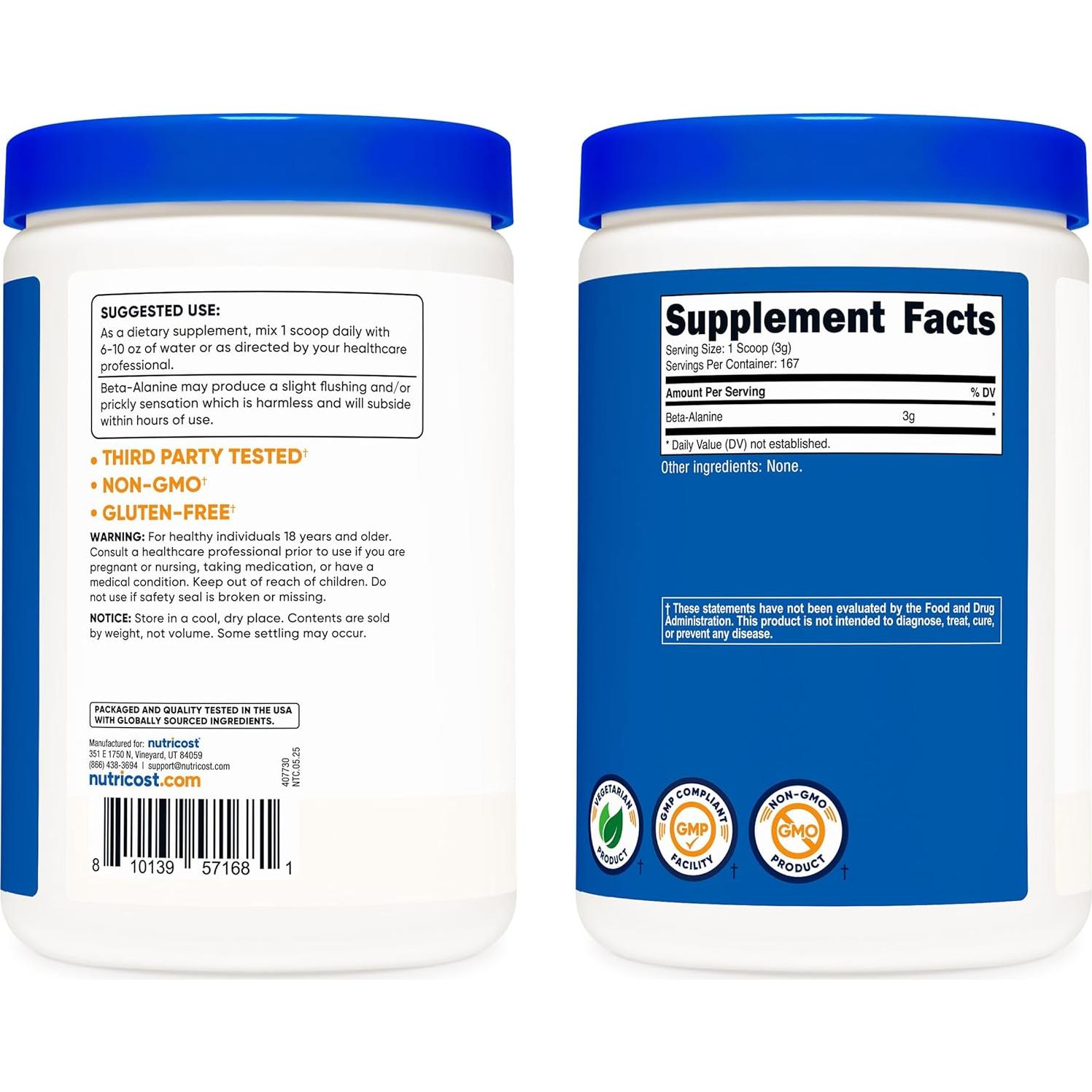 Polvo de Beta Alanina Nutricost 500g - Pura, Sin Gluten, No OGM