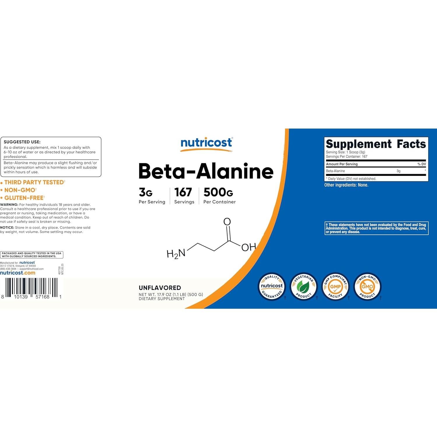 Polvo de Beta Alanina Nutricost 500g - Pura, Sin Gluten, No OGM