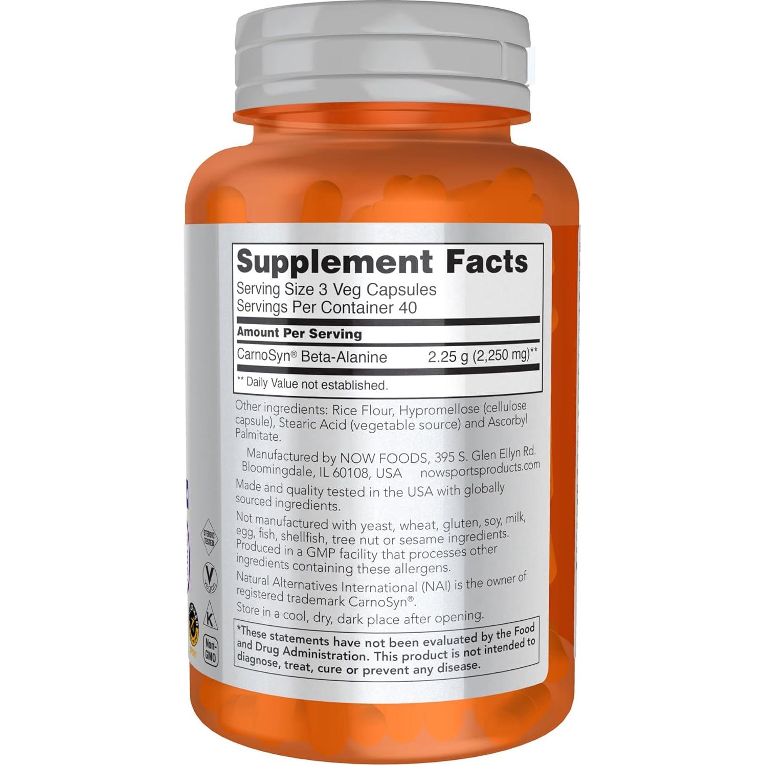 Beta-Alanina 750 mg NOW Deportes - 120 Cápsulas Veganas