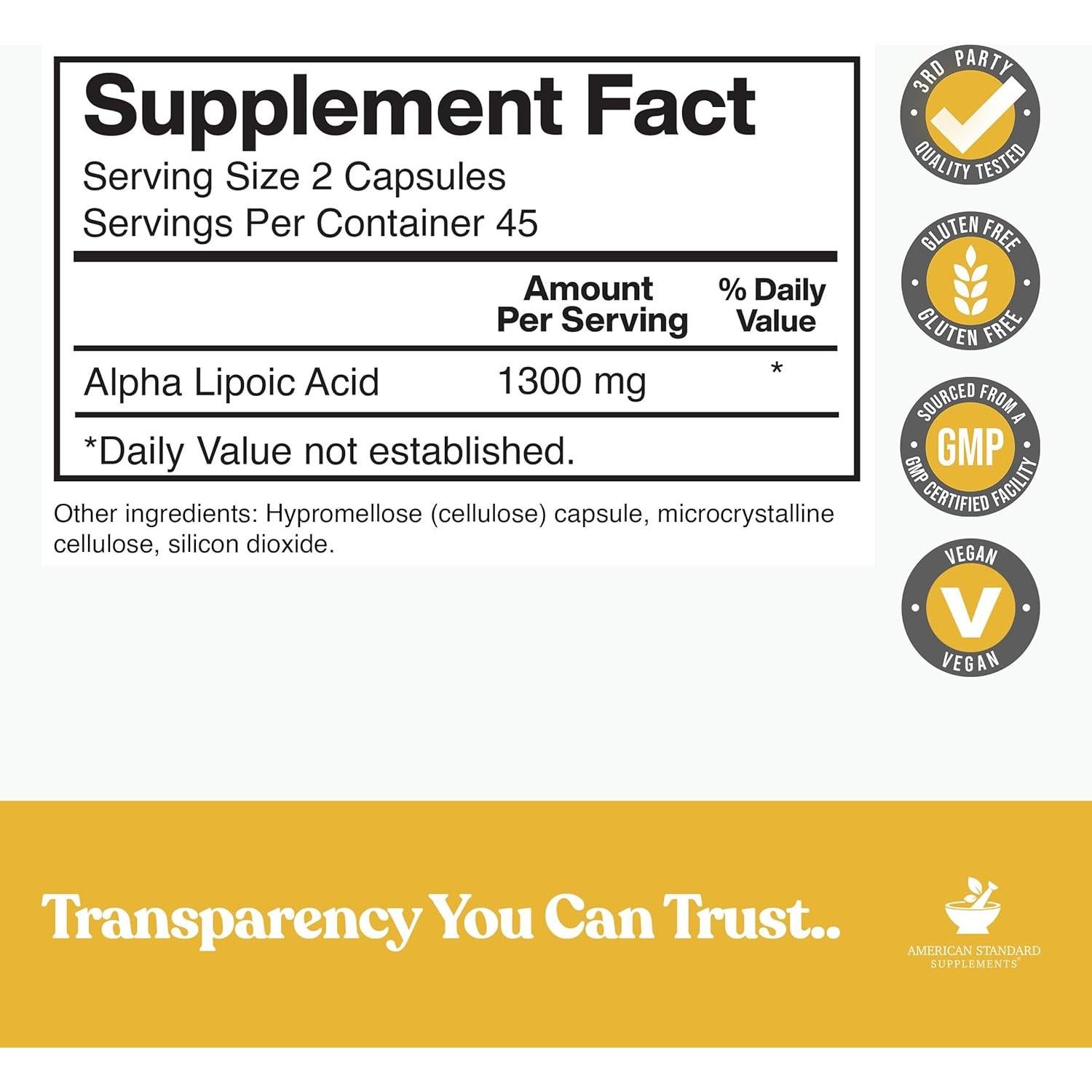 Ácido Lipoico American Standard 1300mg Vegano 90 Cápsulas