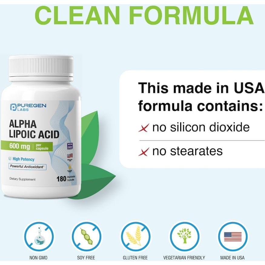 Ácido Lipoico Puregen Labs 600mg 180 Cápsulas Vegetales - Antioxidante