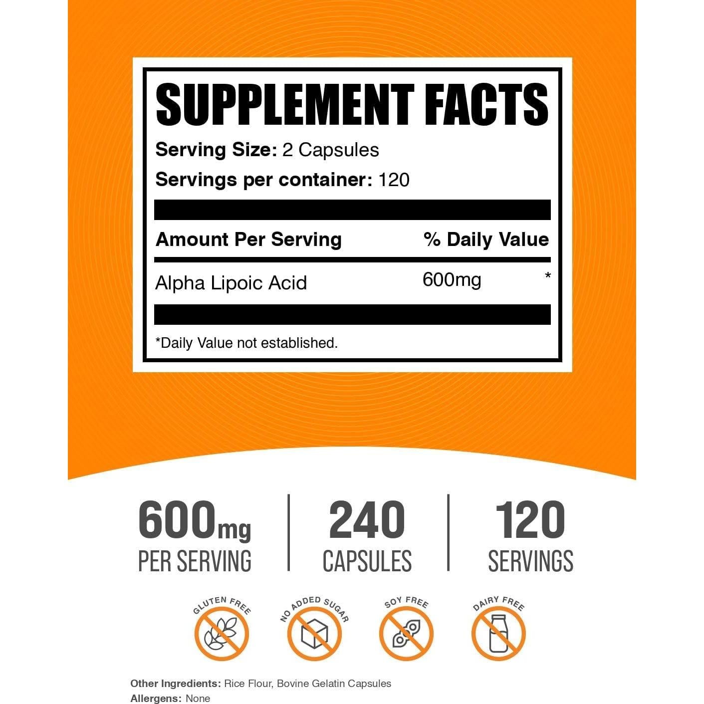 Cápsulas de Ácido Alfa Lipoico 600mg BulkSupplements - 240 Unidades