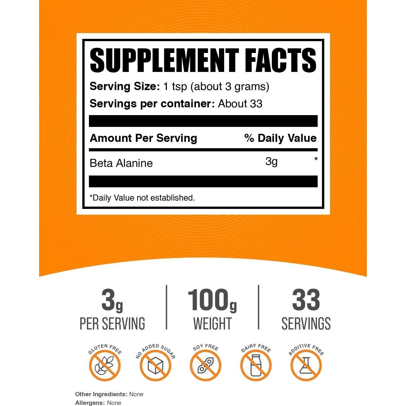 Polvo de Beta Alanina BulkSupplements 100g - Suplemento Pre-Entrenamiento
