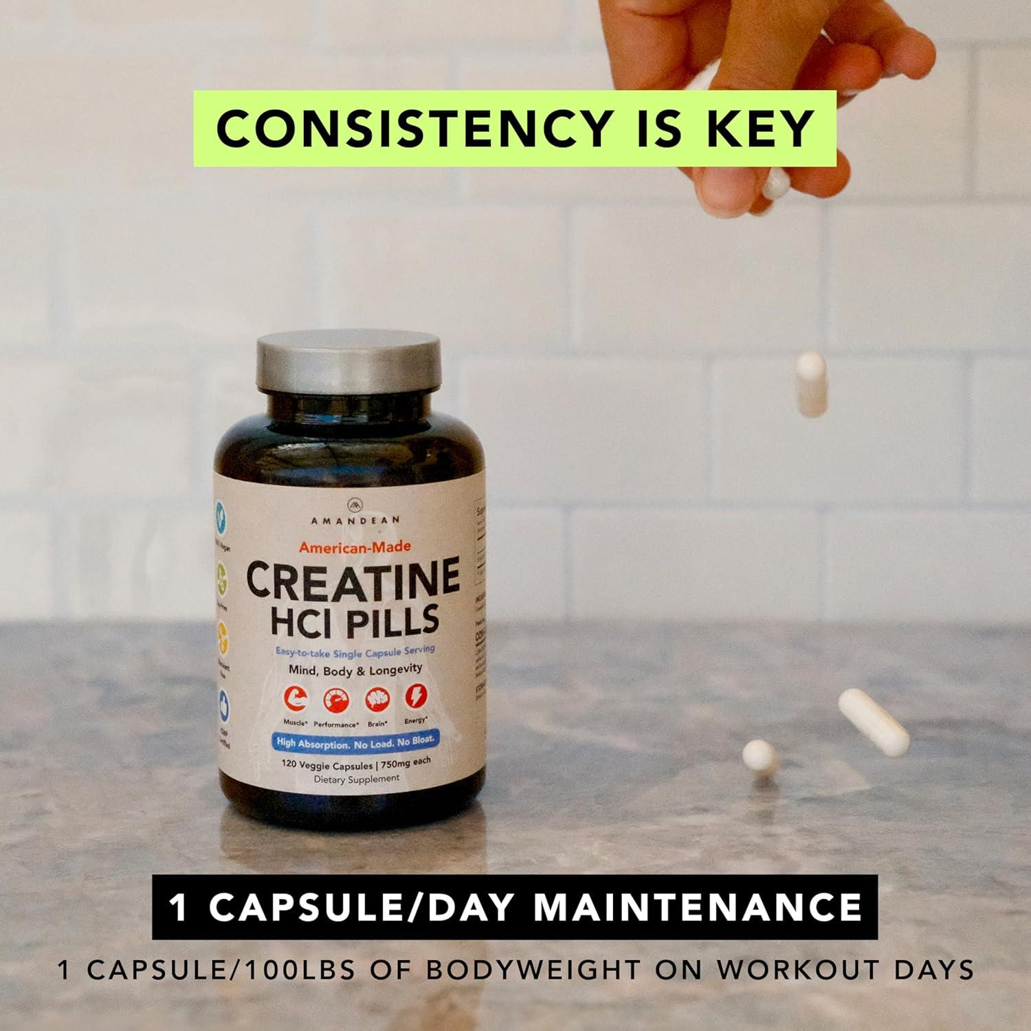 Creatina HCl AMANDEAN 120 Cápsulas - Alta Absorción y Sin Hinchazón