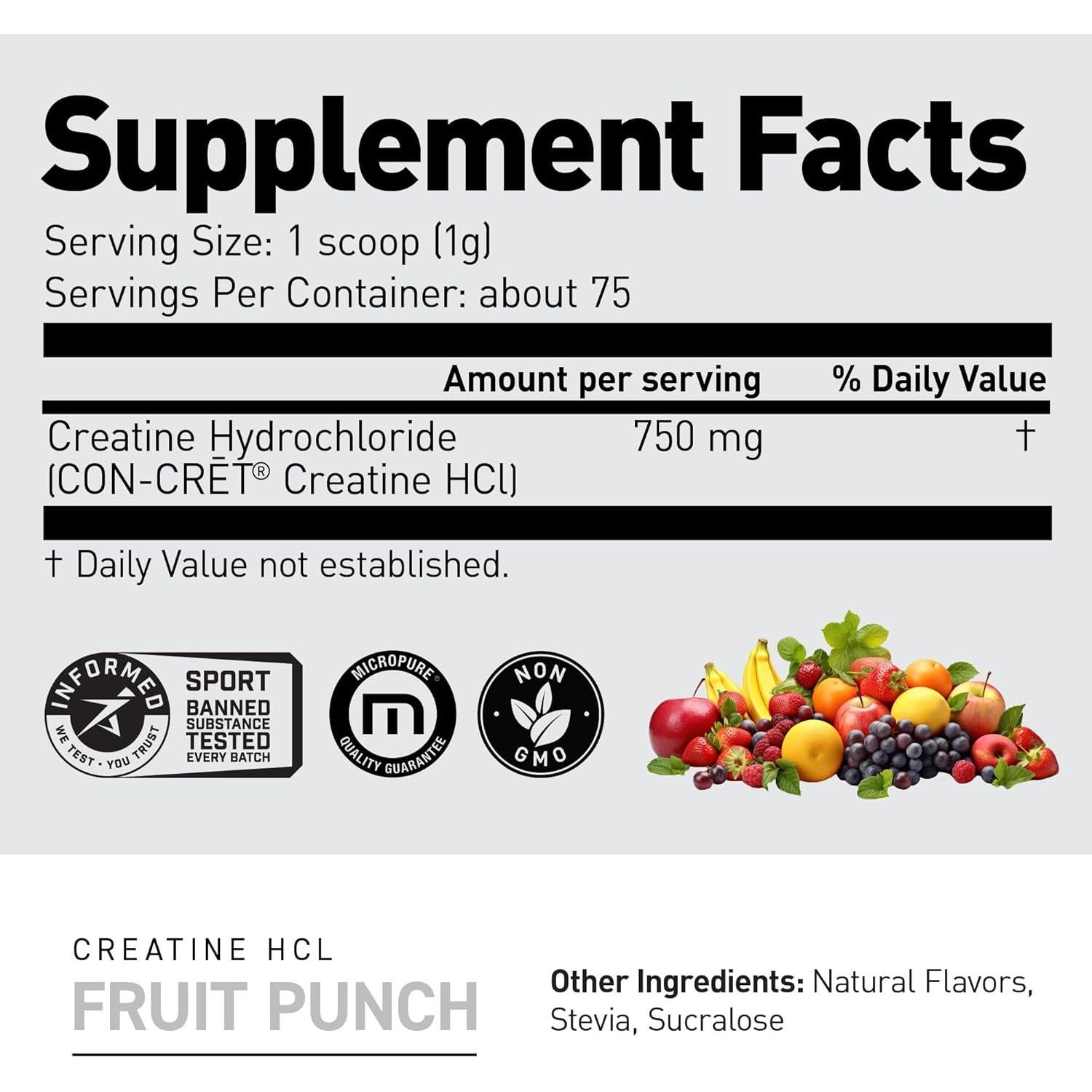 Creatina HCl Kaged Muscle 750mg - Polvo Sabor Fruta Punch