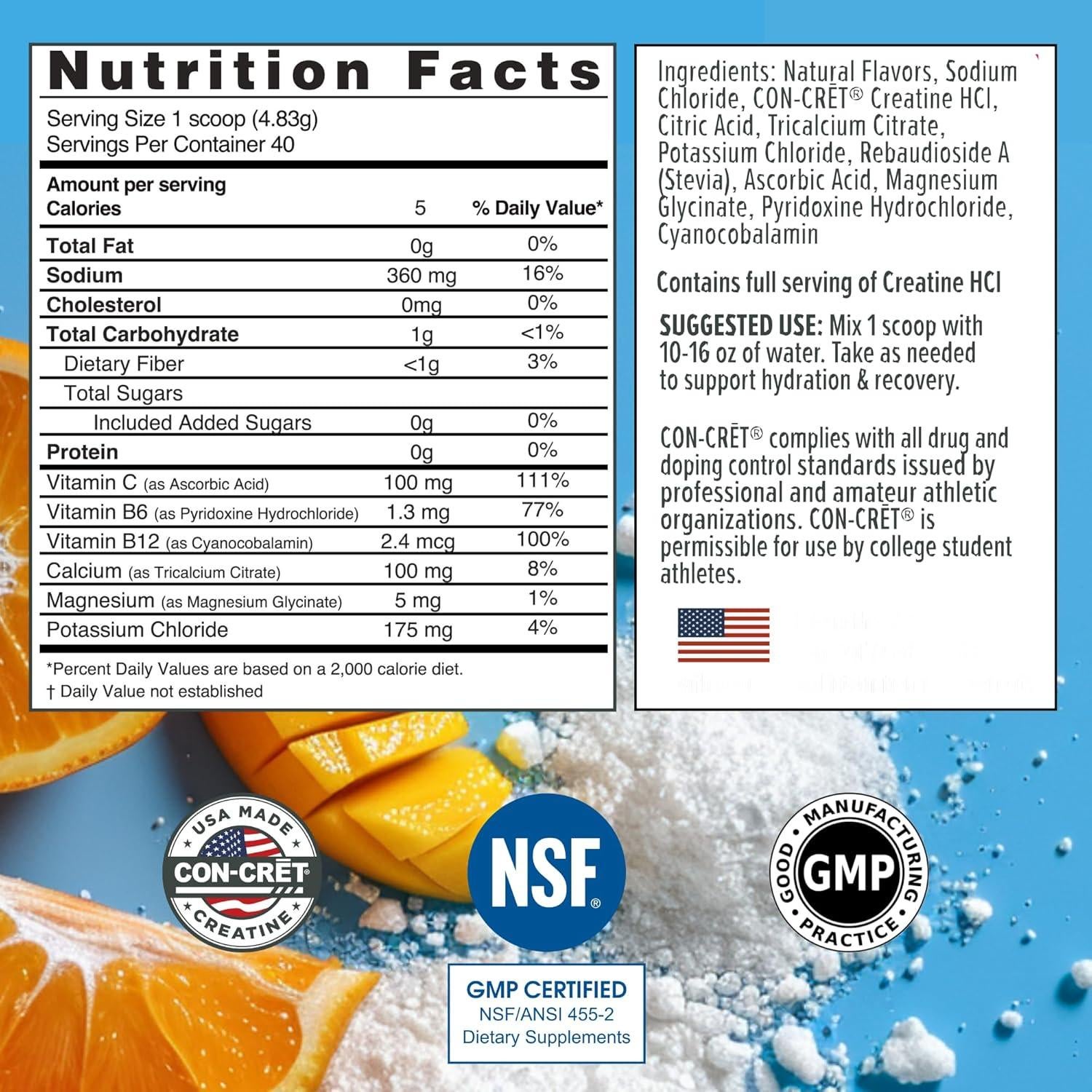 CON-CRET Creatina HCl + Electrolitos Sin Azúcar 256g - Mango Cítrico