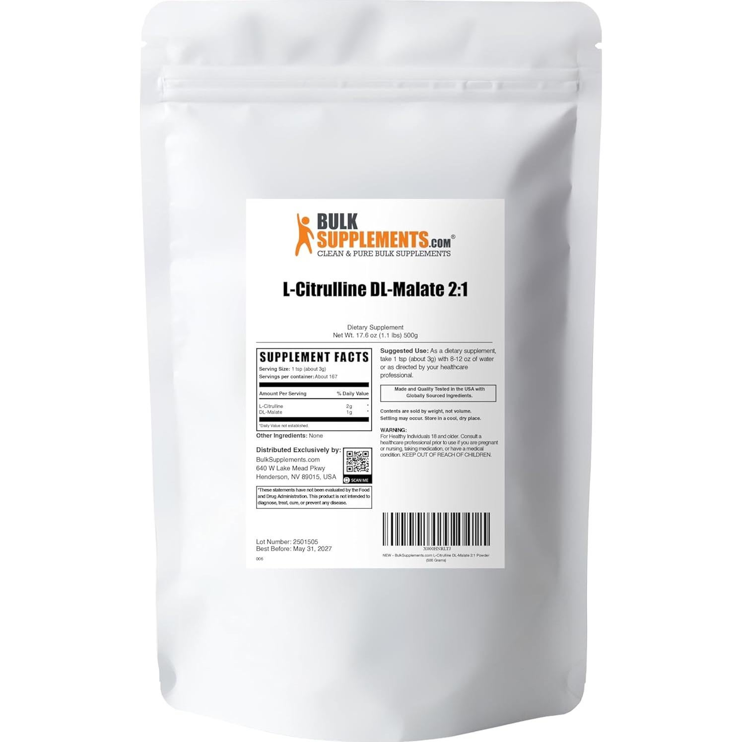 L-Citrulina Malato 2:1 BulkSupplements 500g - Aumento de Energía
