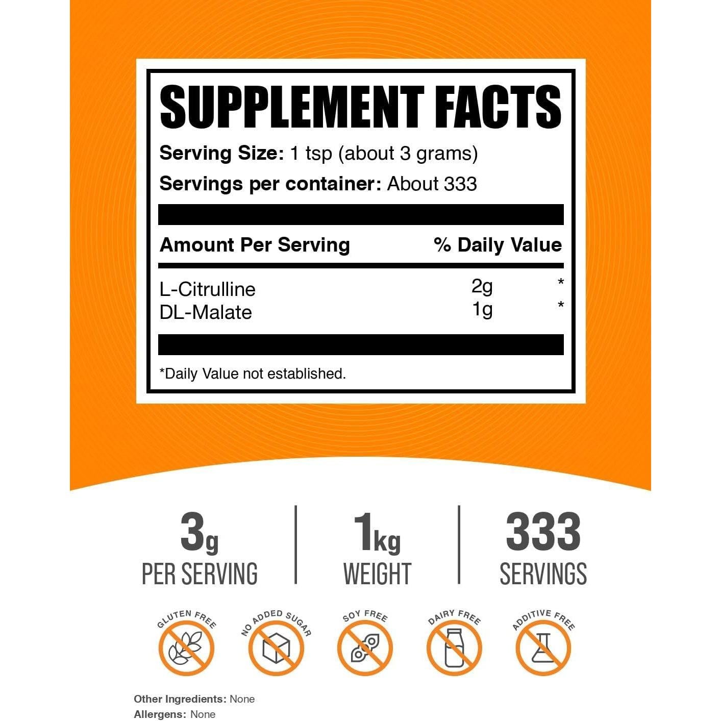 L-Citrulina Malato 2:1 BulkSupplements 1kg - Aumento de Energía
