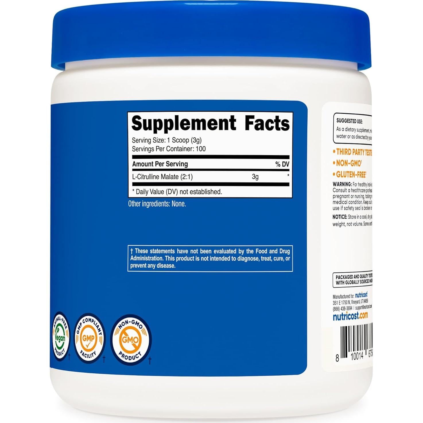 L-Citrulina Malato 2:1 Nutricost 300g Sin Sabor