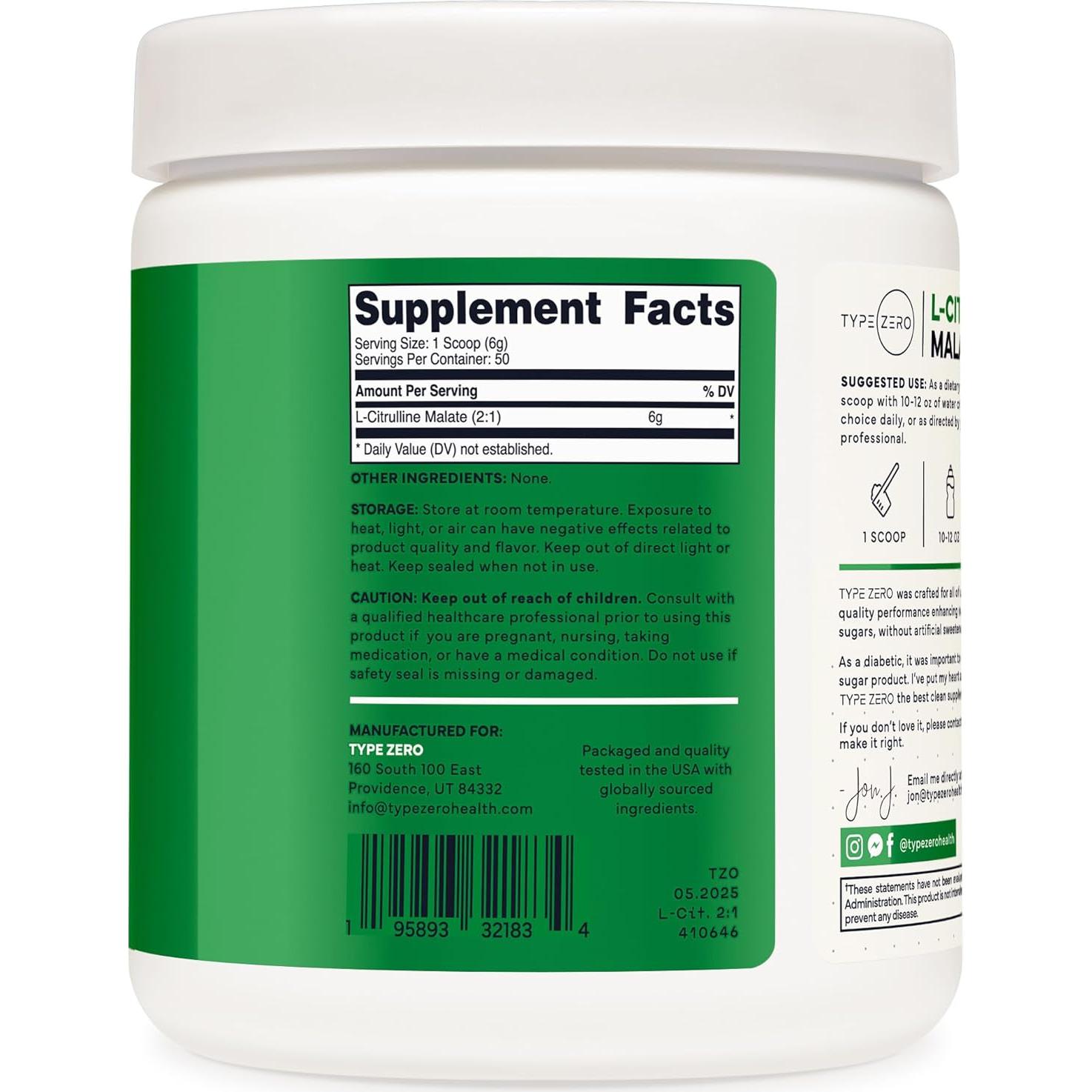 L-Citrulina Malato Type Zero 300g - Aumentador Óxido Nítrico