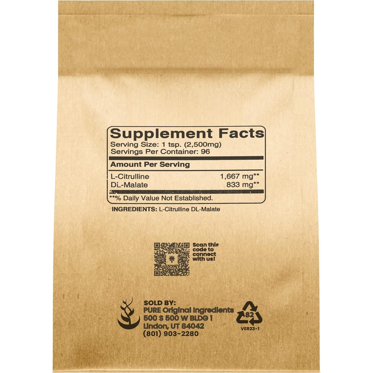 Suplemento en Polvo L-Citrulina DL-Malato 450g Ingredientes Originales