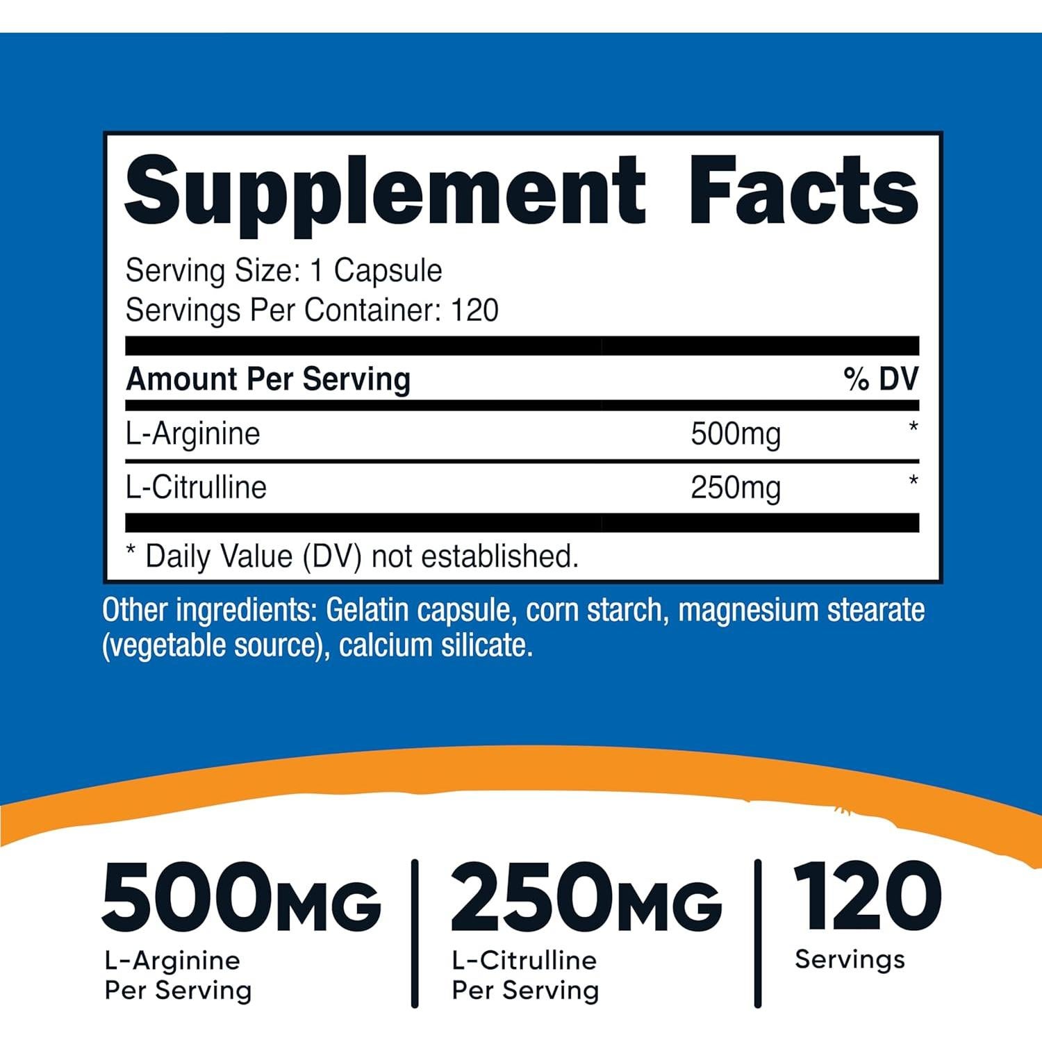 Complejo L-Arginina L-Citrulina Nutricost 750mg 120 Cápsulas