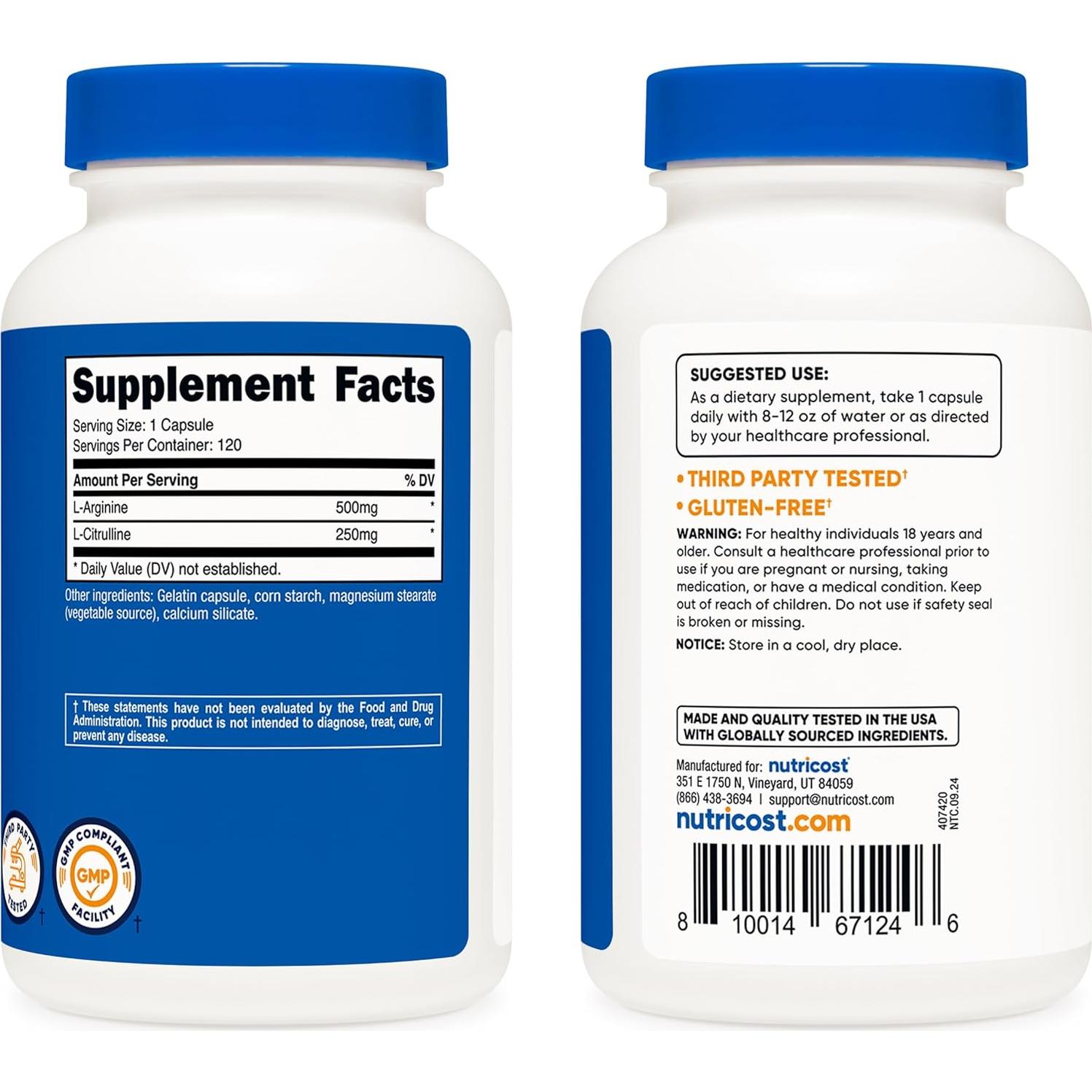 Complejo L-Arginina L-Citrulina Nutricost 750mg 120 Cápsulas