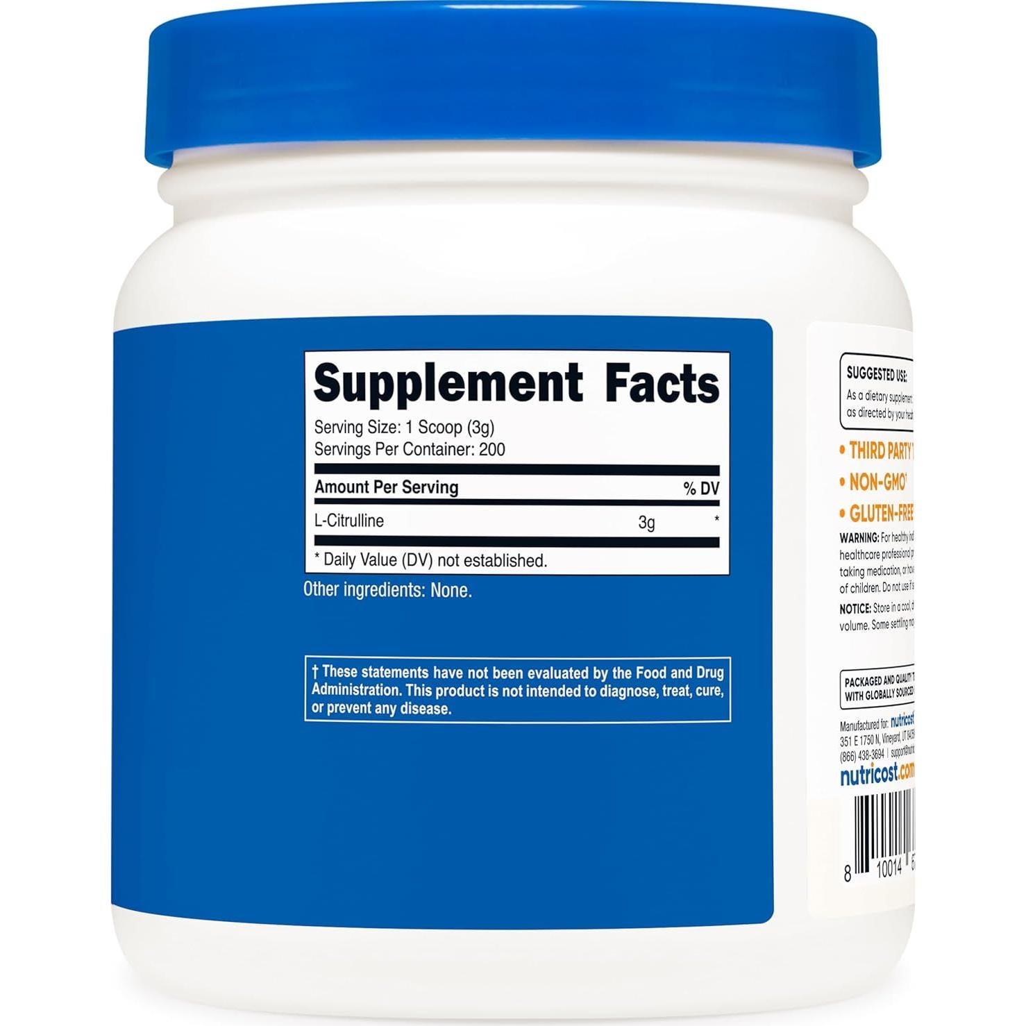 Nutricost L-Citrulina Pura en Polvo 600g Sin OGM y Gluten