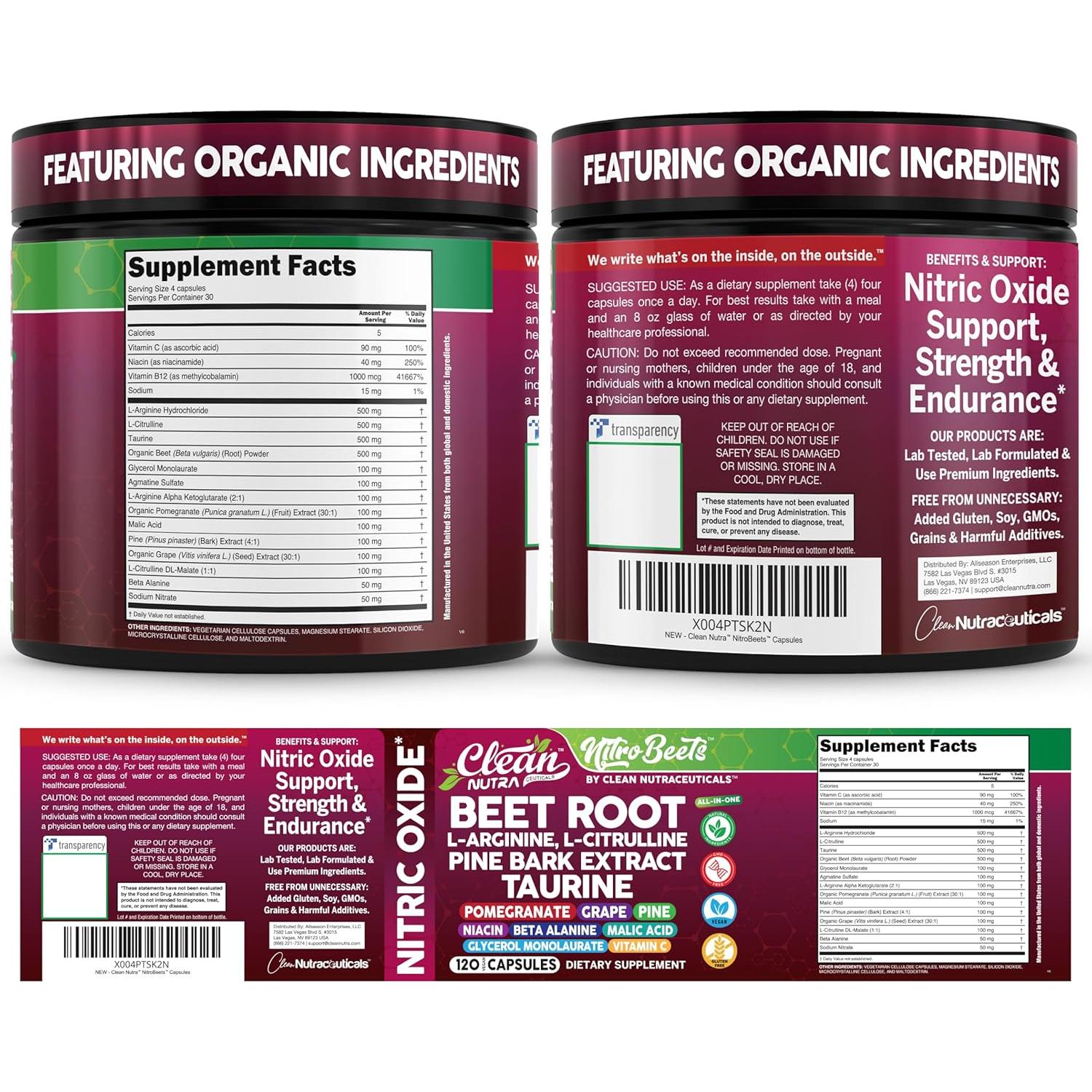 Cápsulas de Remolacha Orgánica Clean Nutra - 120 Unidades