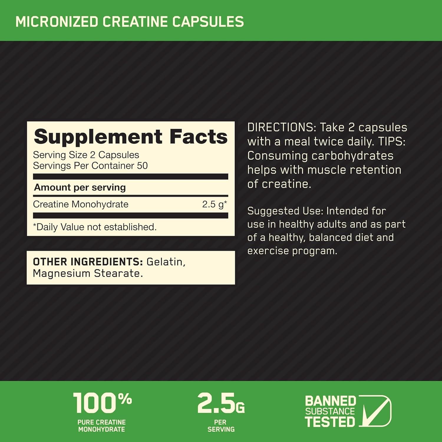 Cápsulas de Creatina Micronizada Optimum Nutrition 2500mg 100 Unidades