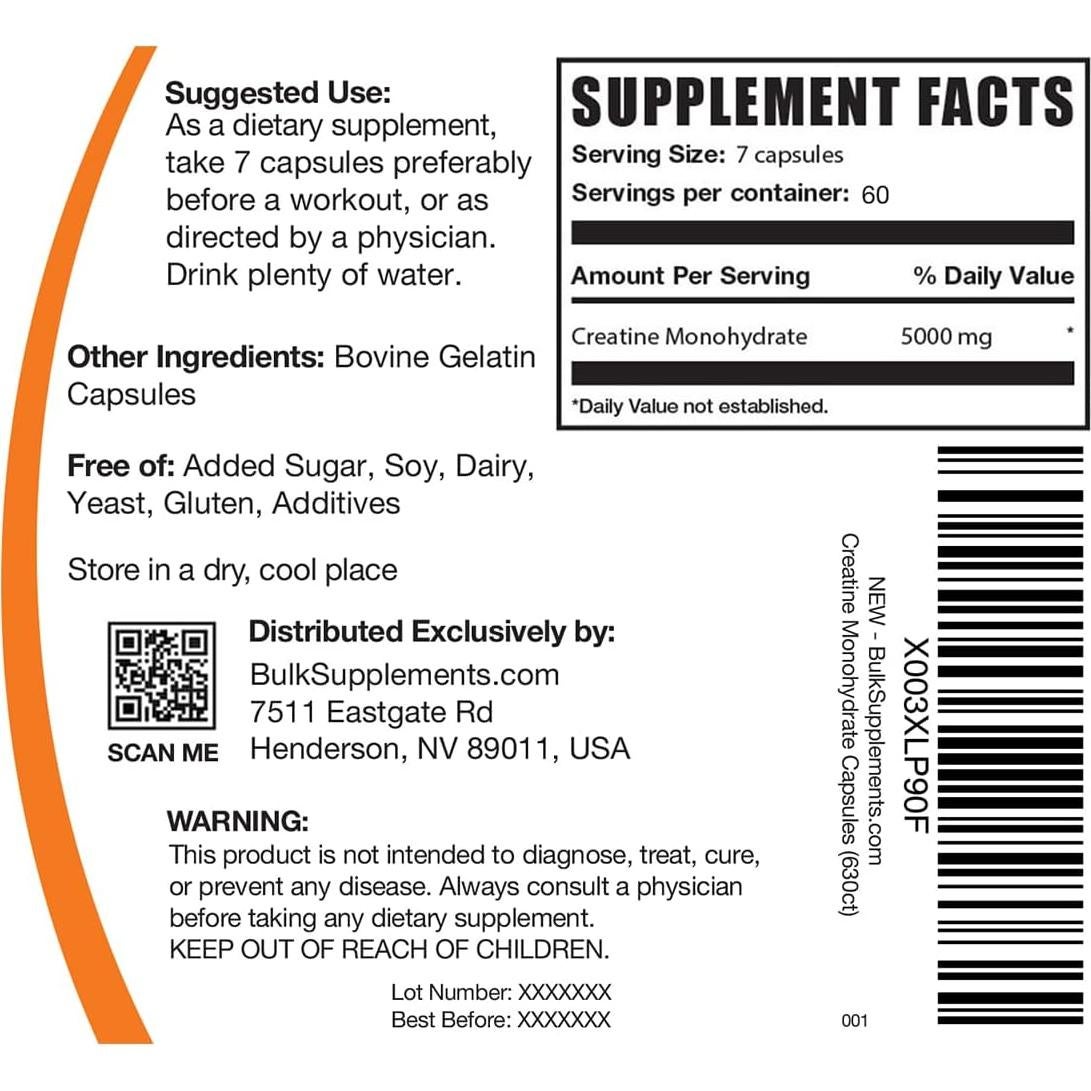 Cápsulas de Creatina Monohidratada BulkSupplements 5000mg 420u