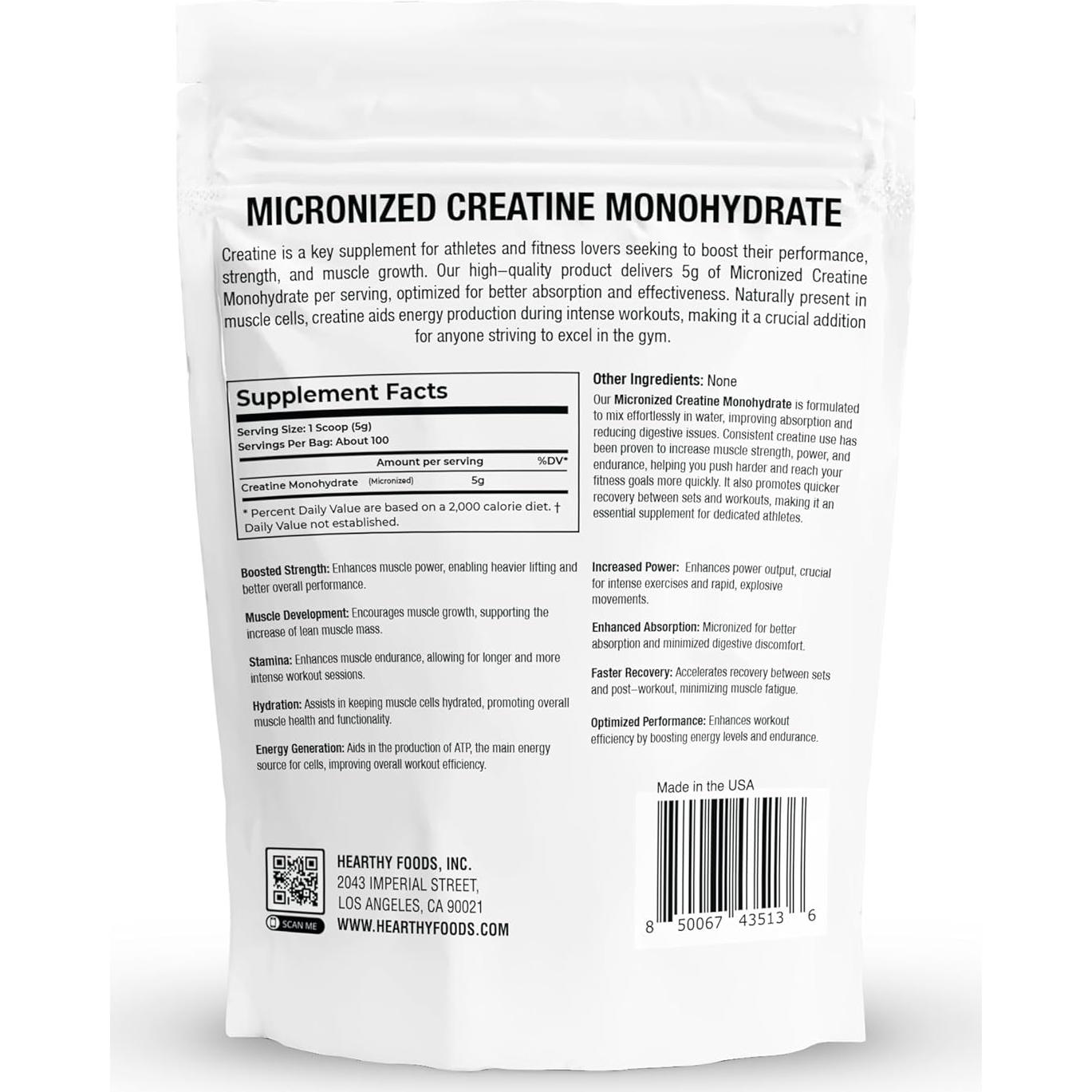 Creatina Monohidratada Micronizada Hearthy Foods 500g - 100 Porciones