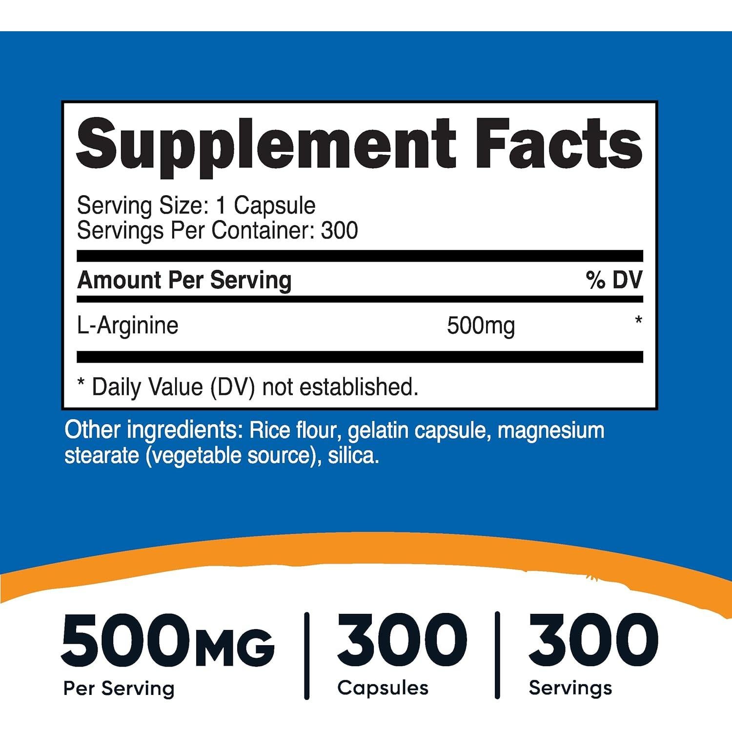 L-Arginina 500mg Nutricost 300 Cápsulas Sin Gluten