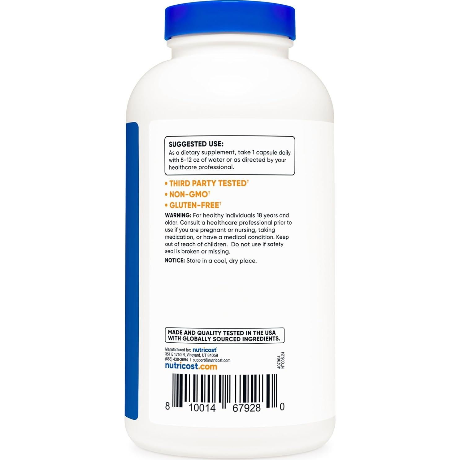 L-Arginina 500mg Nutricost 300 Cápsulas Sin Gluten